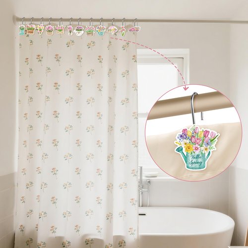 MALLMALL6 12Pcs Spring Tulip Flower Shower Curtain Hooks Floral Metal Rustproof Decorative Pendants for Bathroom Bedroom Room Home Decor Accessories with Watering Can Truck Stainless Curtain Rings