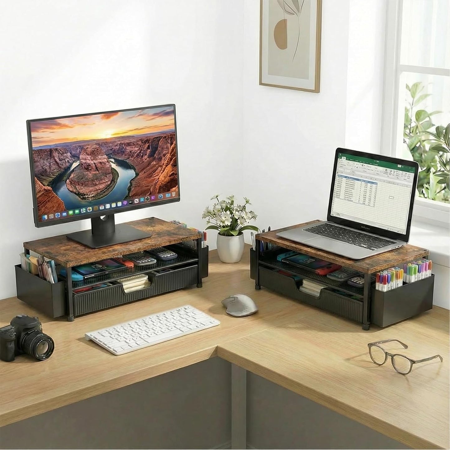 2-Tier 2 ECOLOVI Desk Organizer and Accessories, Computer Monitor Stand Rise with Storage Drawer & Pen Holders, Laptop