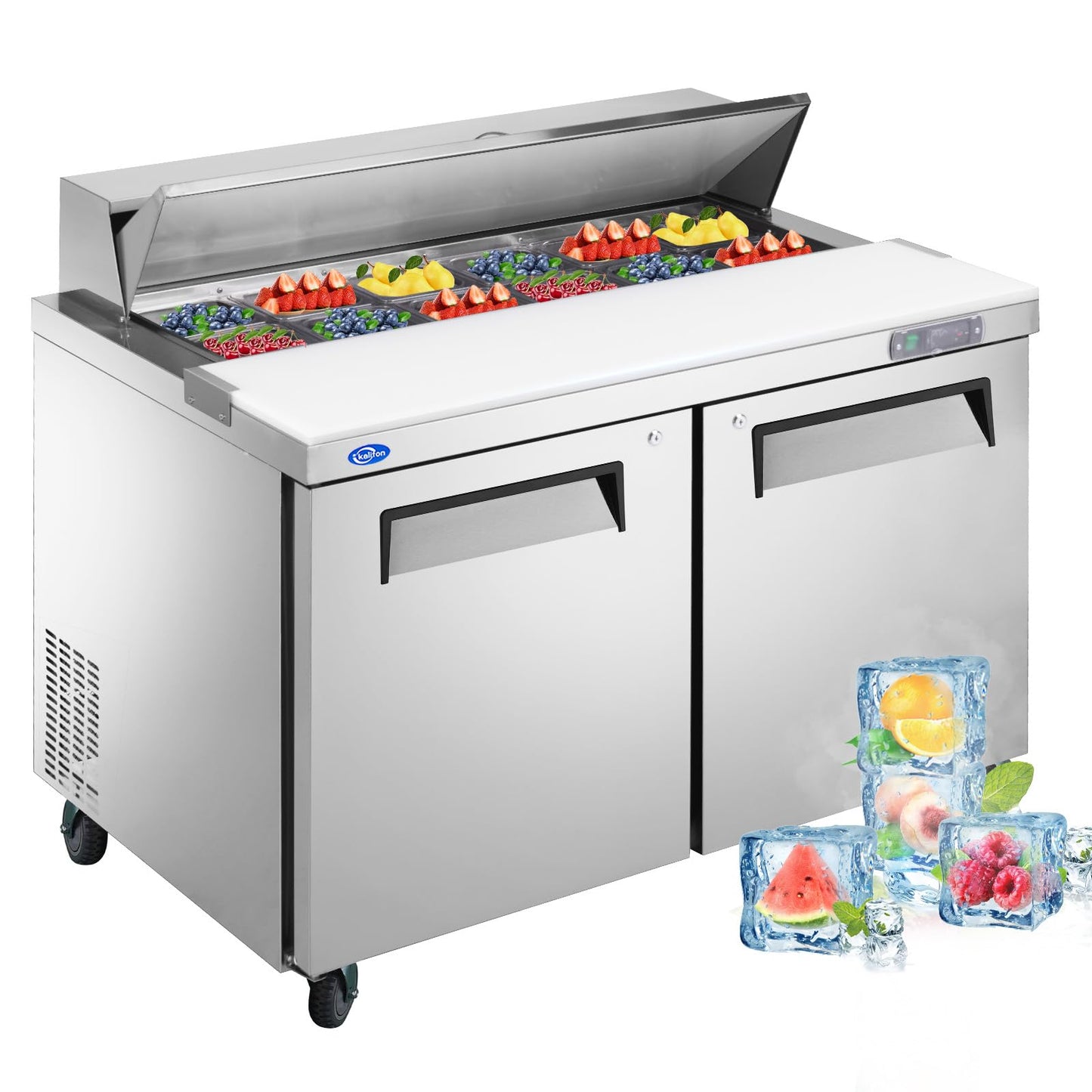 kalifon 60" W 2 Door Refrigerator Sandwich Salad Prep Table Commercial Stainless Steel Fan Cooling Refrigerator with Cutting Board, 2 Shelves & 16 Pans for Restaurant, Bar, Shop-16.4 Cu.ft