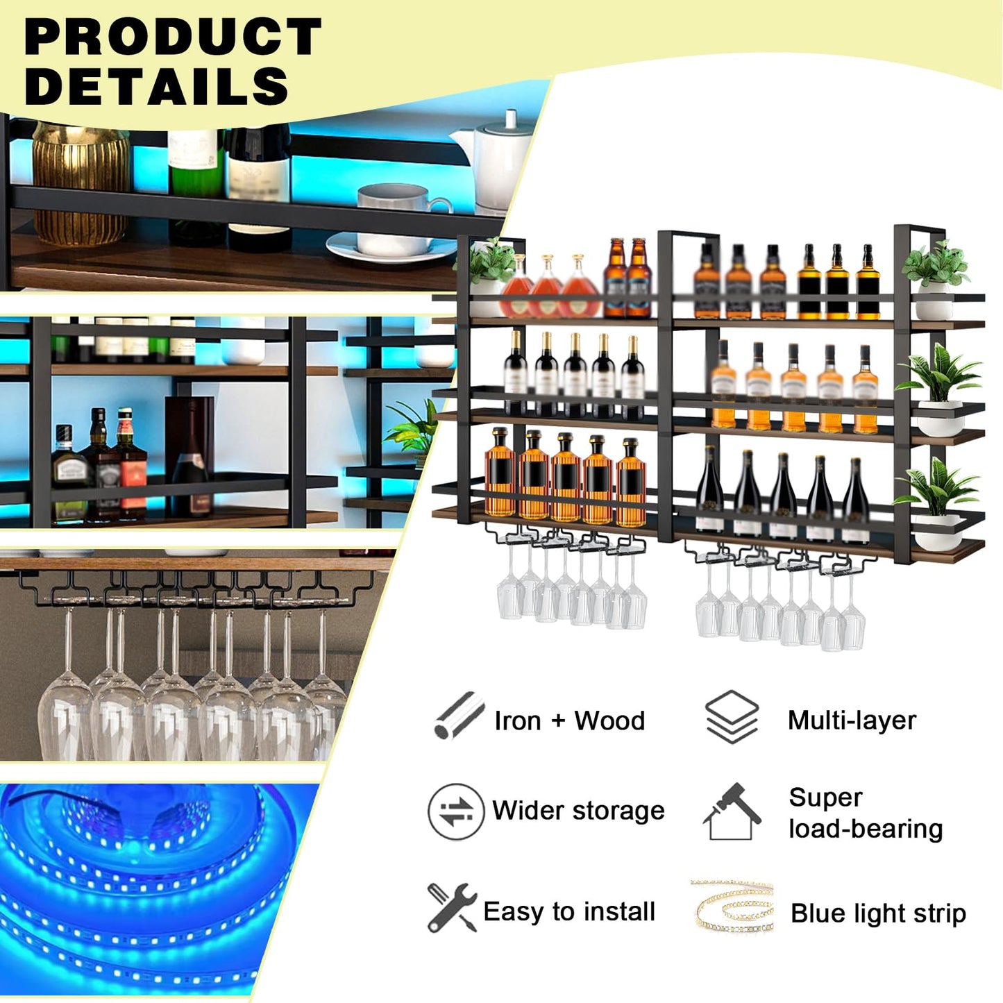 amhricho Wine Rack Wall Mounted with LED Lights, 3 Tier Metal Liquor Floating Display Shelves, with Wine Glass Rack, Iron & Wood Industrial Wall Wine Rack, for Bar, Kitchen, Cafe (Black, 39.4in)