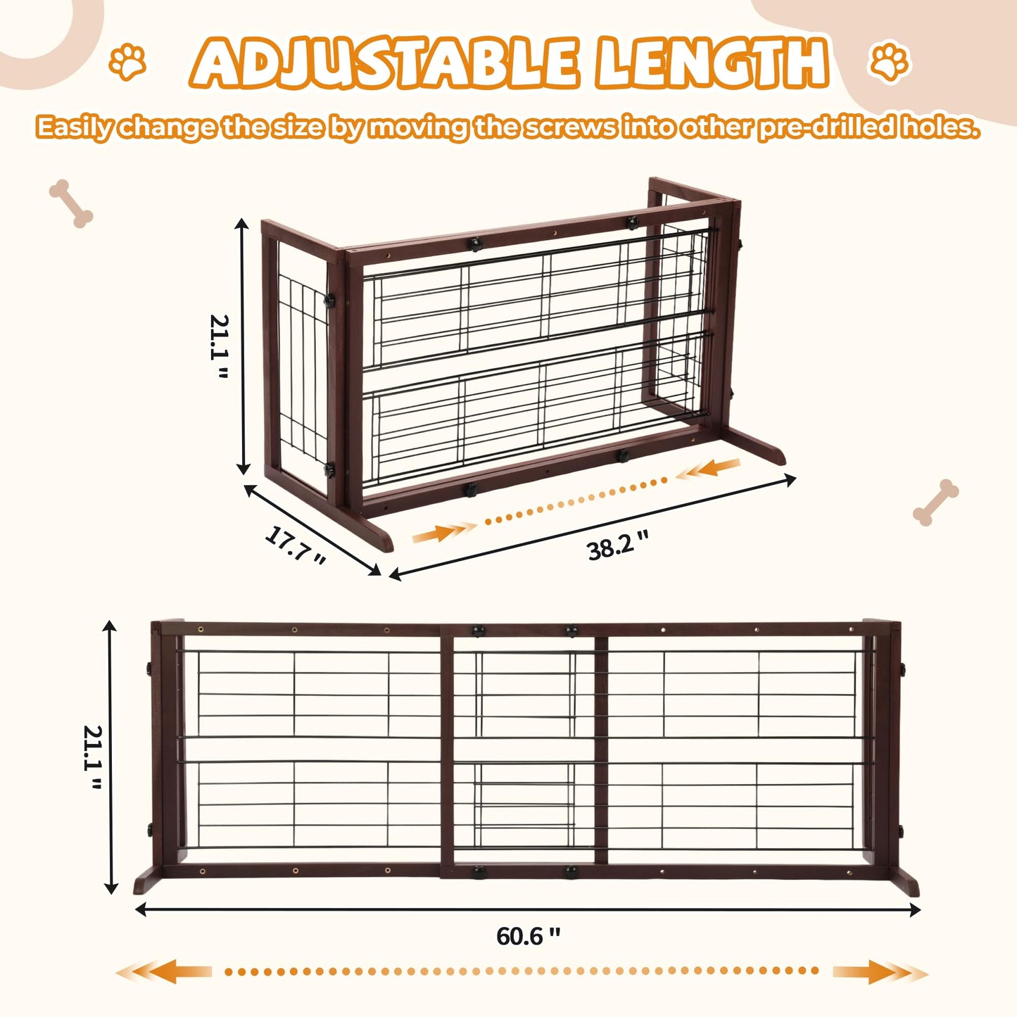 COZIWOW 38-67" Dog Gate Indoor, Free Standing Pet Gate for Doorways Extra Wide, Wooden Fence Puppy Safety Gates for The House, Stairs, Hallway, No Drilling Required,Brown