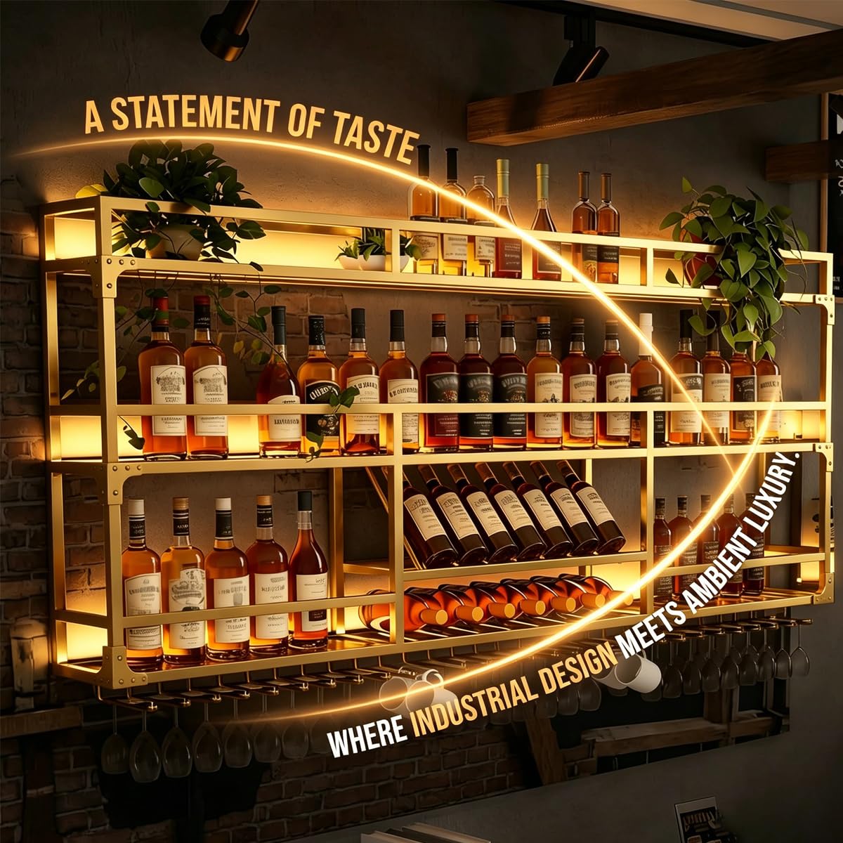 RAJYQODIS 59in Wall Mounted Wine Rack, Floating Industrial Liquor Glass Holder 3 Tiers, Large Metal Wine Bottle Display Rack Hanging Shelf, for Home Bar Dining Room Decorative