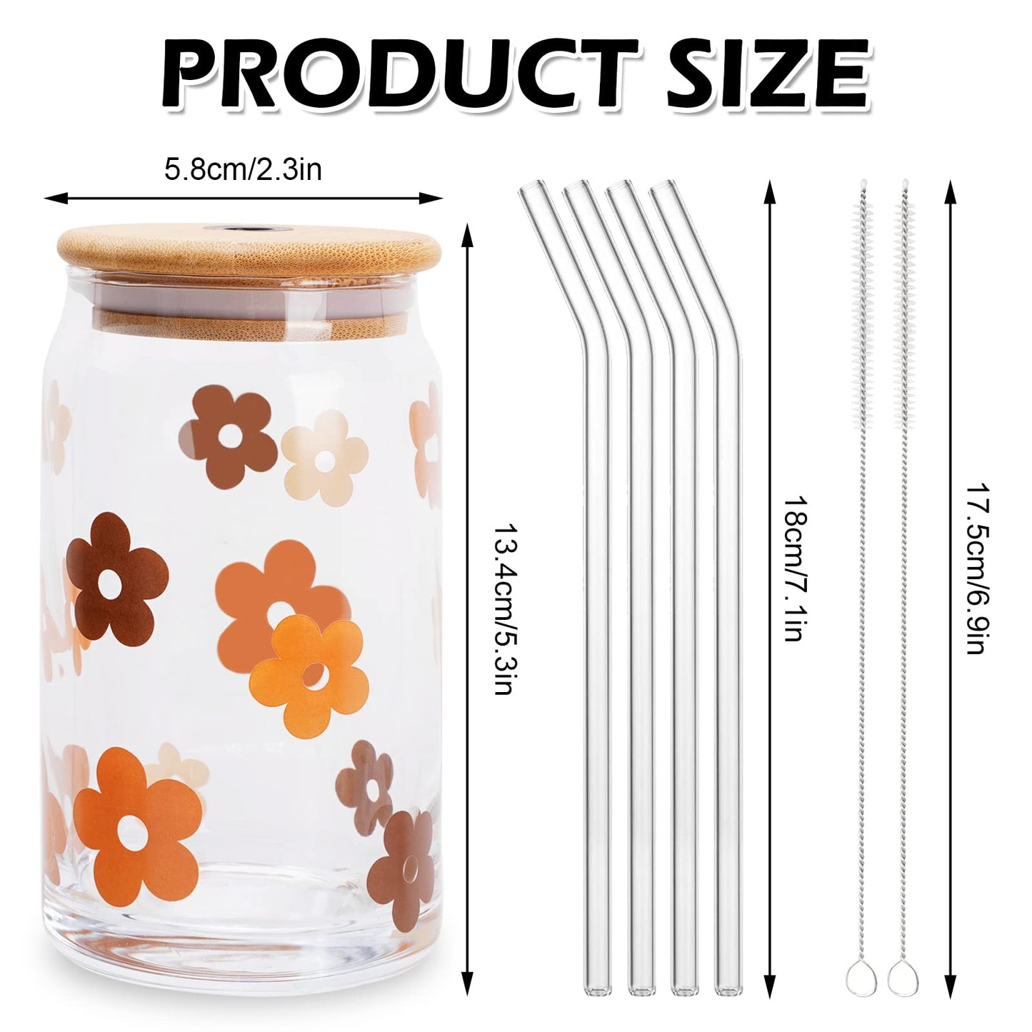 Whaline Drinking Glasses with Bamboo Lids and Glass Straw 4pcs Set - 16oz Can Shaped Glass Cup, Iced Coffee Glass Ideal for Cocktail, Whiskey, Gift - 2 Cleaning Brushes