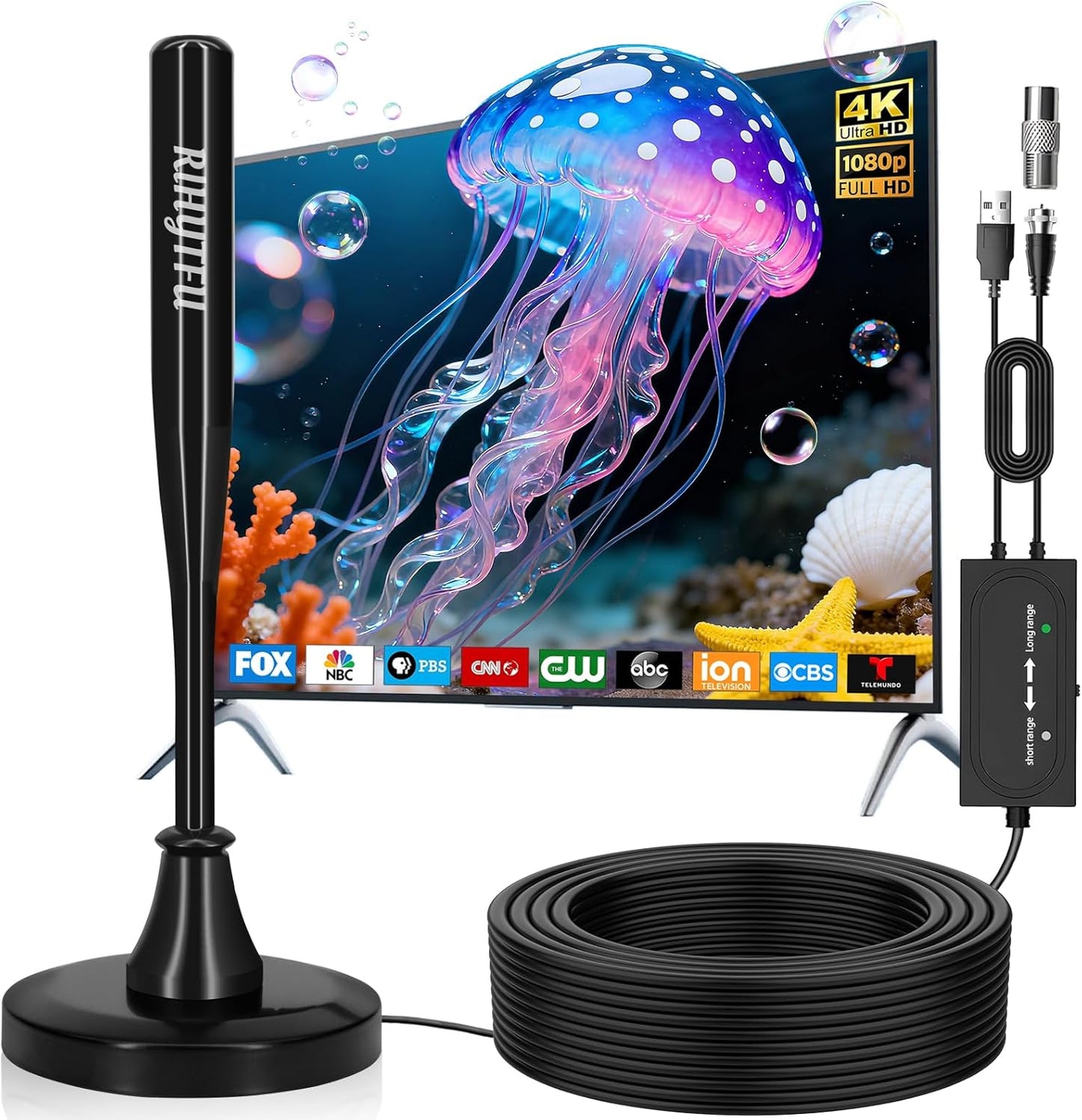 RIHYTFU 2026 16.5ft 4K 1080P TV Antenna Indoor for Local Channels, Antenna for Smart TV with Strong Magnetic Base, Long