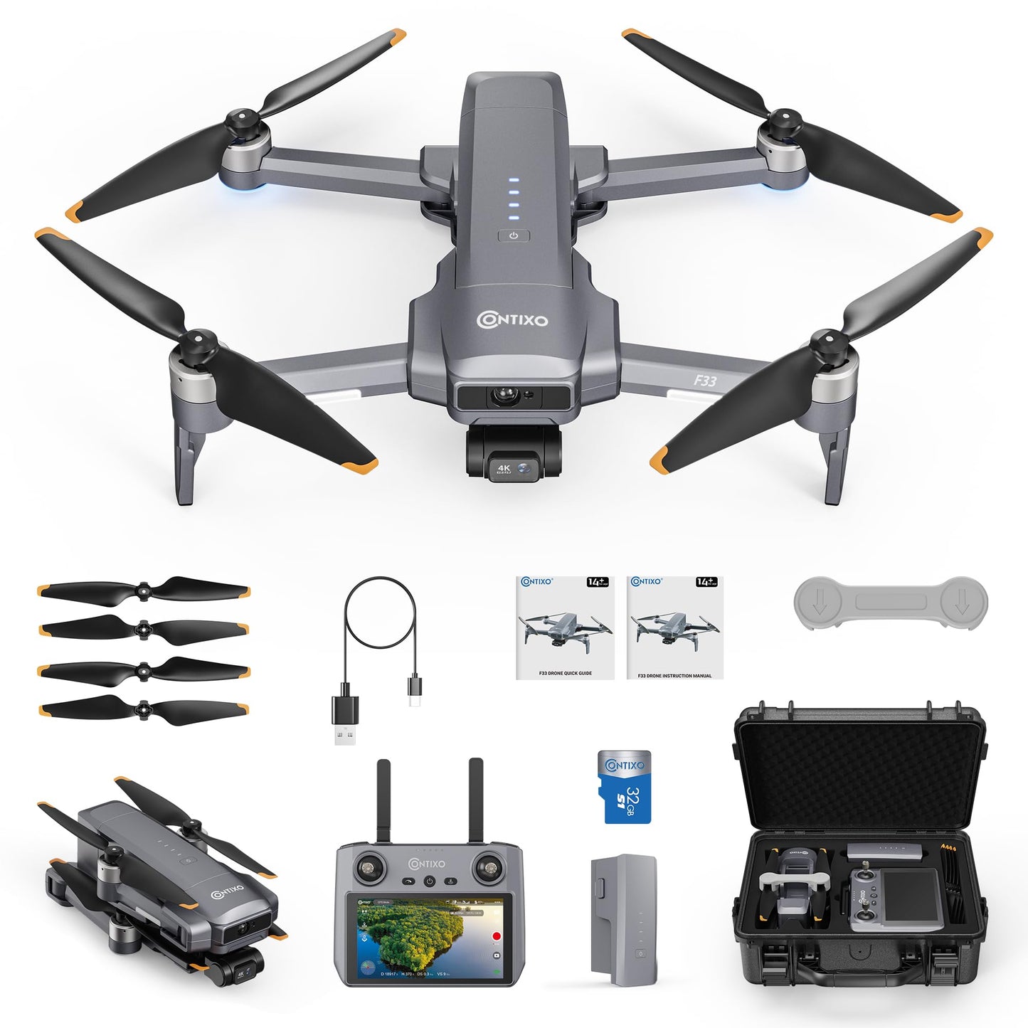 Contixo F33 Professional Drone - 4K/30FPS Camera, GPS & Optical Flow, 2-Axis Gimbal + EIS, 5.5" Touchscreen Remote, Obstacle Avoidance, 4-Mile FPV, 42-Min Flight, Hunting & Outdoor Tracking