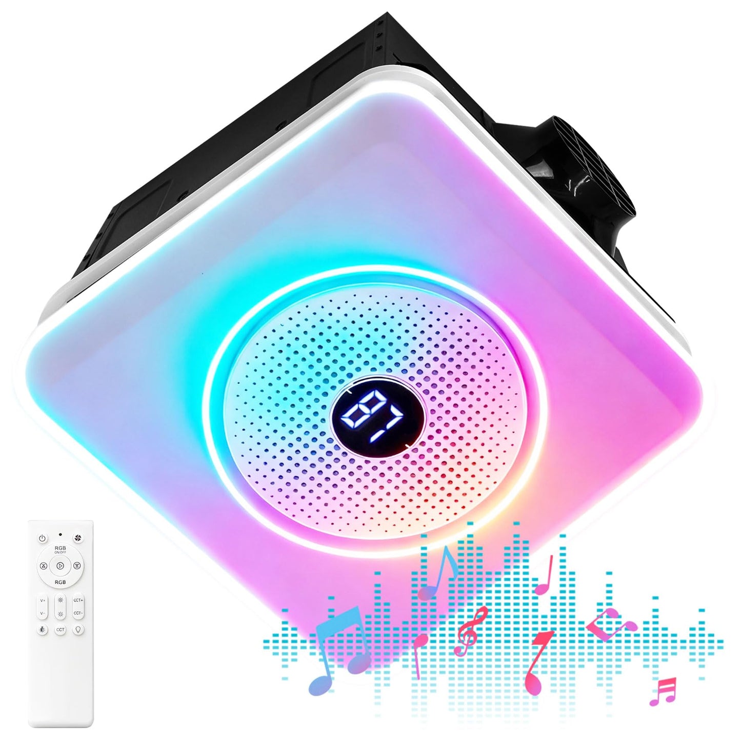 Bathroom Exhaust Fan with Bluetooth Speaker,Bathroom Fan Light,Plug&Play,230 CFM 1.0 Sone,Strong Wind Force&Quiet,Noise-cancelling Bluetooth dual speakers,7color dynamic&3color lighting,3year warranty