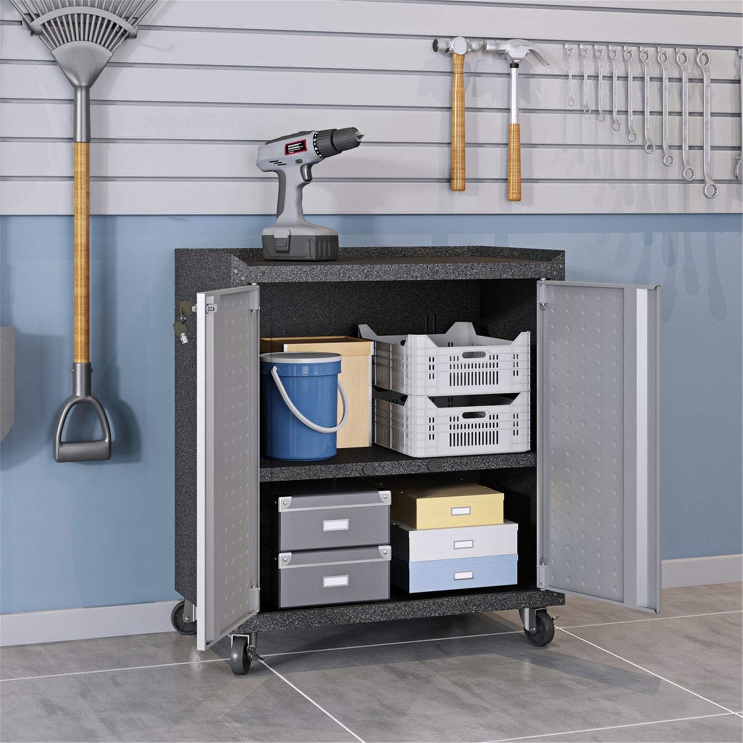 Manhattan Comfort Fortress 3-Piece Textured Garage Storage Set, Includes Mobile Metal Cabinet Chests and Worktable, Space-Saving Design, 25 Gauge Metal, Lockable Wheels, 1.0 Series, Grey