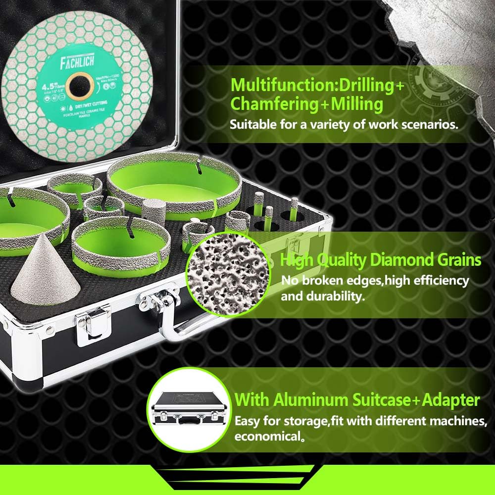 Tile Hole Saw Kit Diamond - (6/6/8/20/25/35/50/75/100/125mm Drill Bits+Finger Bit+Chamfer Bit+Adapter+Tile Blade) Diamond Hole Saw Kit for Porcelain Ceramic,5/8"-11 Thread