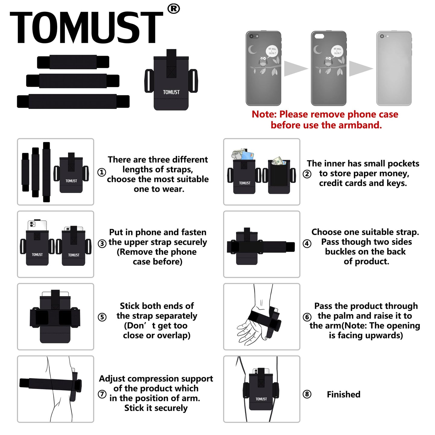 TOMUST Phone Holder with Three Strap, Lightweight Arm Band with Reflective Logo, Elastic Armband Sleeve with Case Fits iPhone and Android, Use for Running, Hiking, Fitness and Workouts, Women/Men