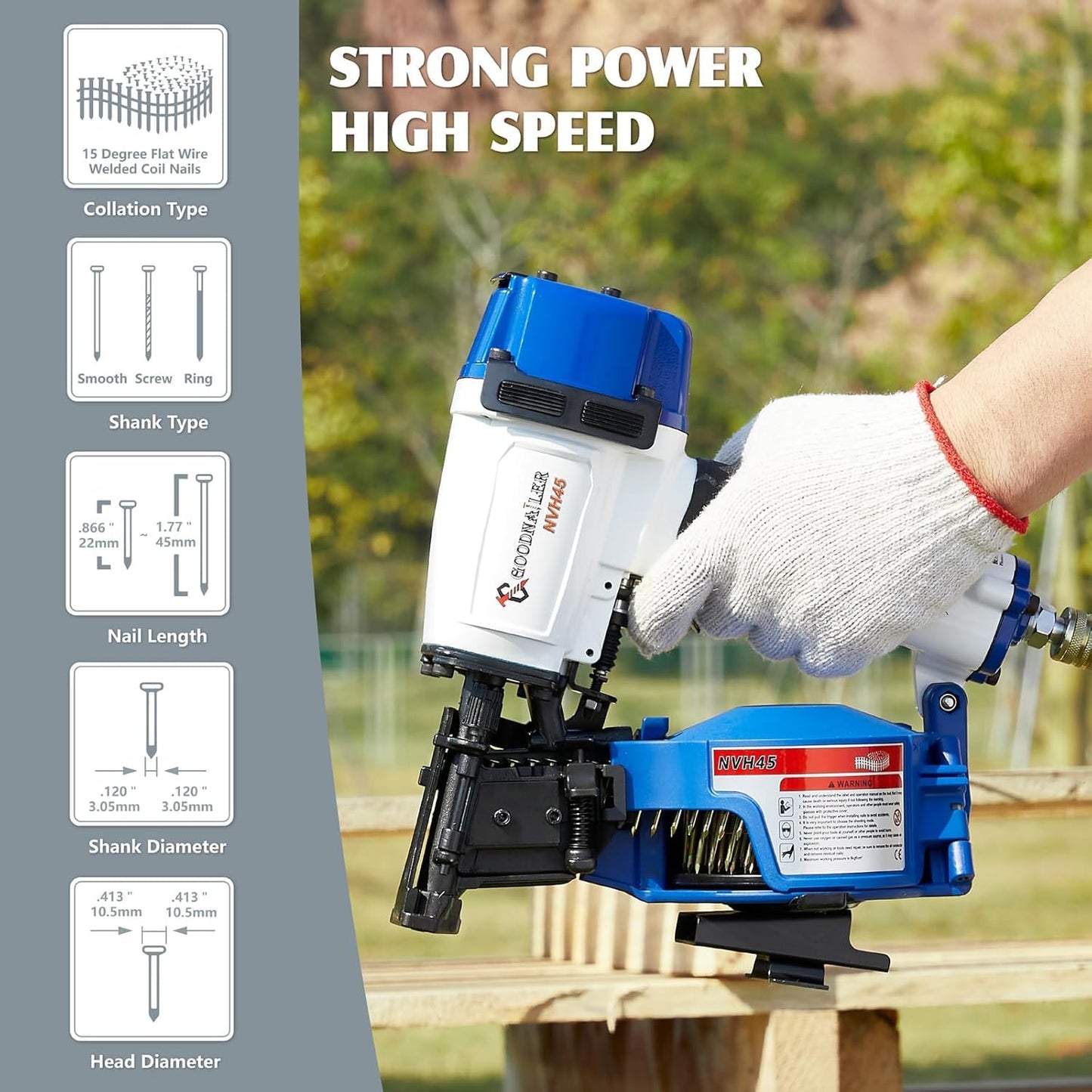 Goodnailer NVH45 Roofing Nail Gun, 15 Degree Roofing Nailer with 7/8-Inch to 1-3/4-Inch Nail Compatibility, 3/8 NPT Air Connector, 120-Pcs Load Capacity for Roofing Constructions（Navy Blue）