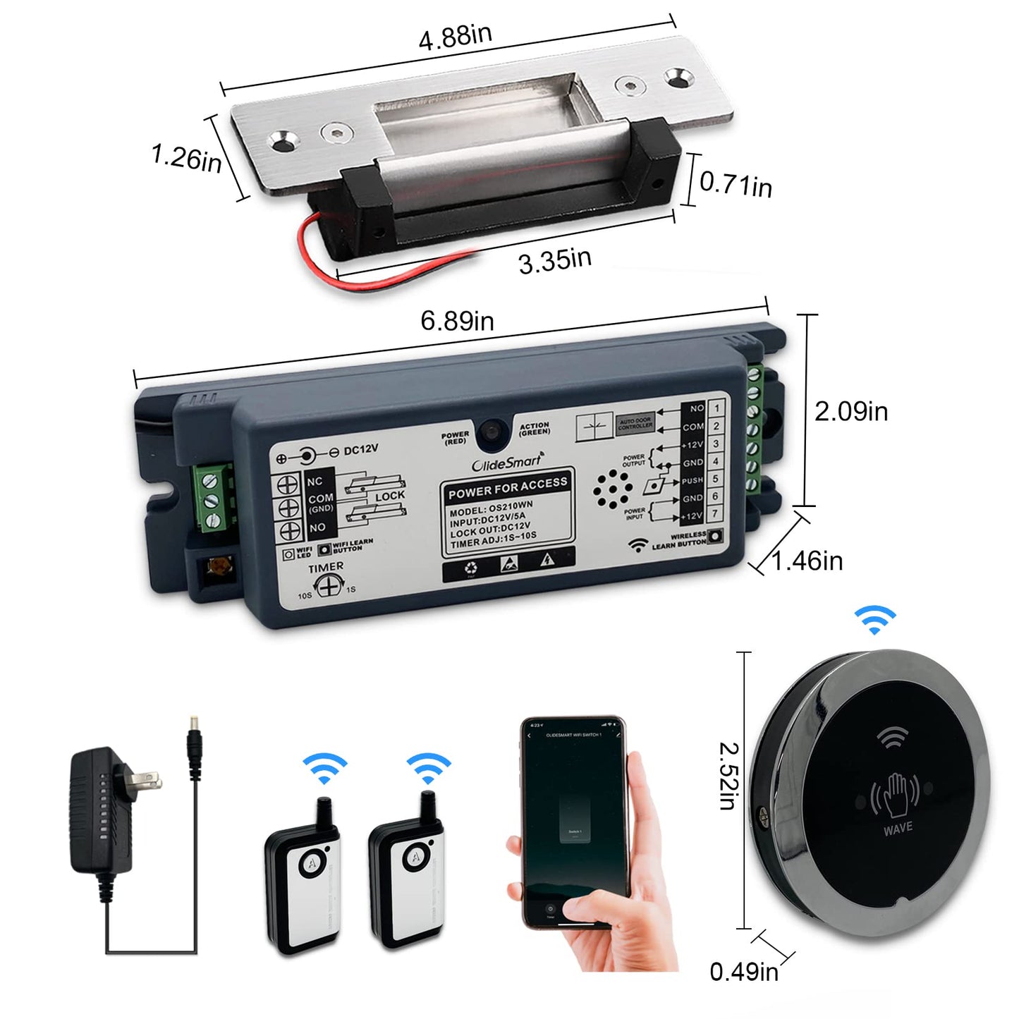 Olideauto Door Entry Locking System,Compatible with Alexa,Google,Phone App,Hand Free Door Access Control Kit,Smart WiFi Built in Receiver+Electric Strike+Touchless Wave Hand Sensor+FoB Keys
