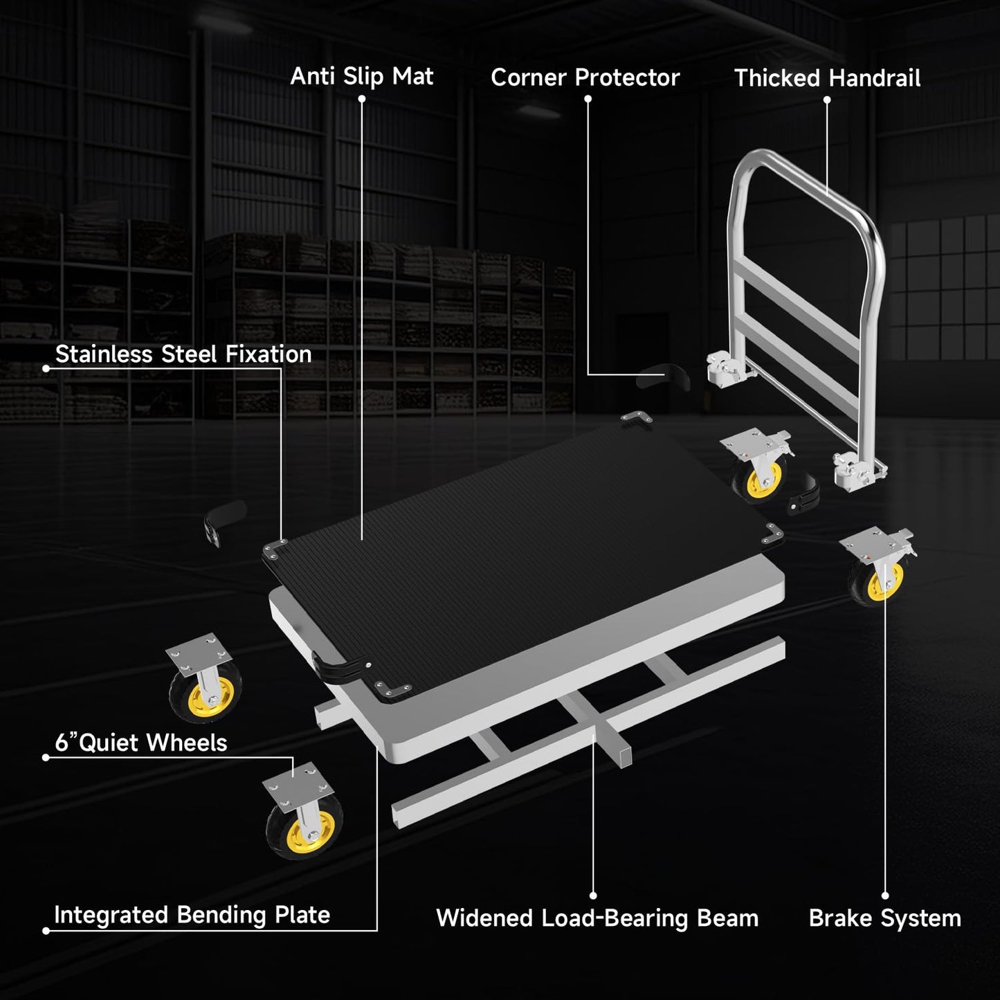 PHEXOD Extra Large Platform Truck Cart, 44 x 28 Heavy Duty Push Cart Dolly 2500 LBS Capacity, Flat Cart with Non-Slip Mat and 6" Swivel Brake Wheels