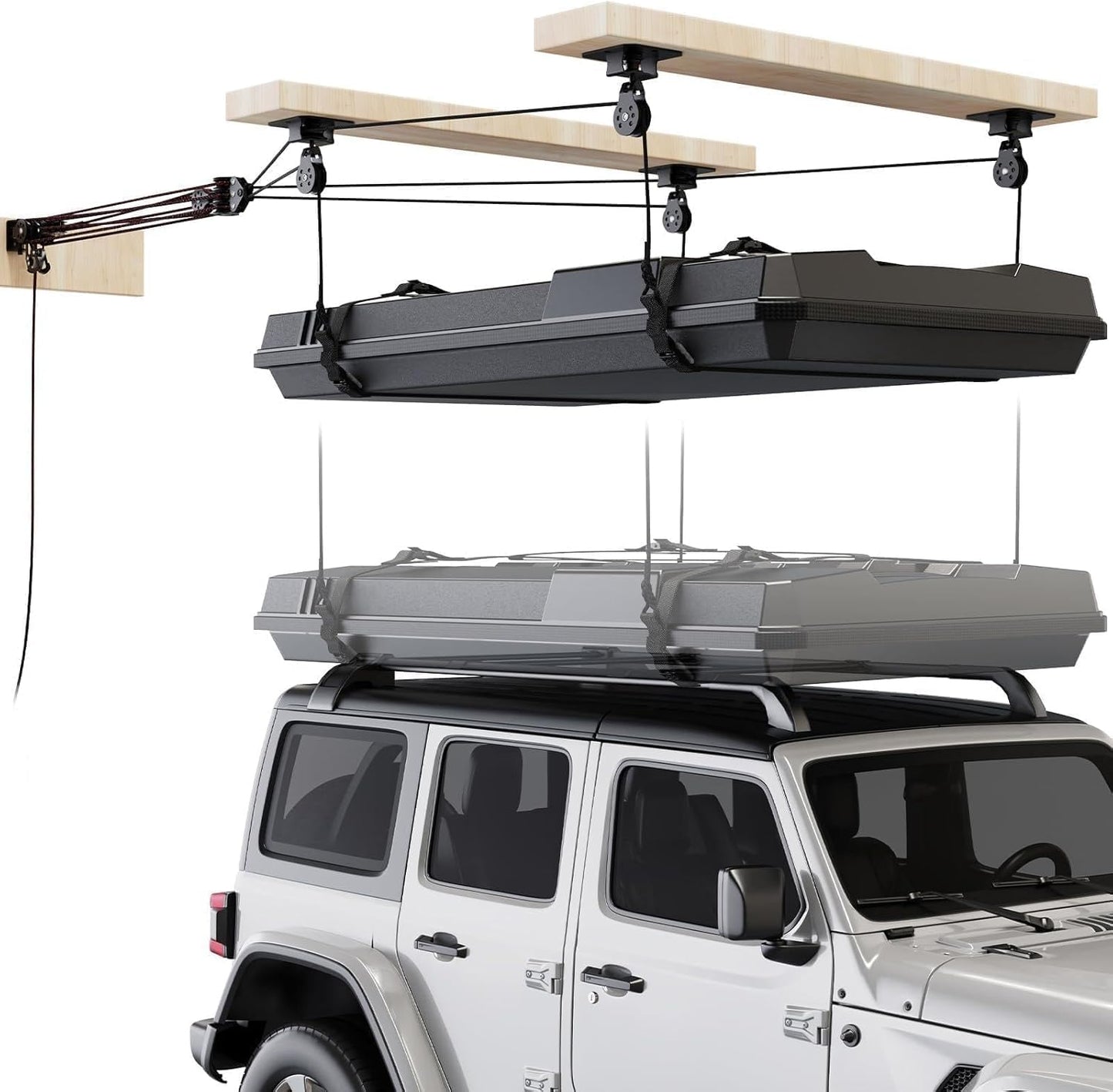 Pacikwest Garage Ceiling Storage Lift System Roof Top Tent Hoist, Heavy Duty Overhead Pulley System for Garage Storage Rack, 4-Point Lift 250lb Capacity, Adjustable Straps Fits 8-16ft Ceiling