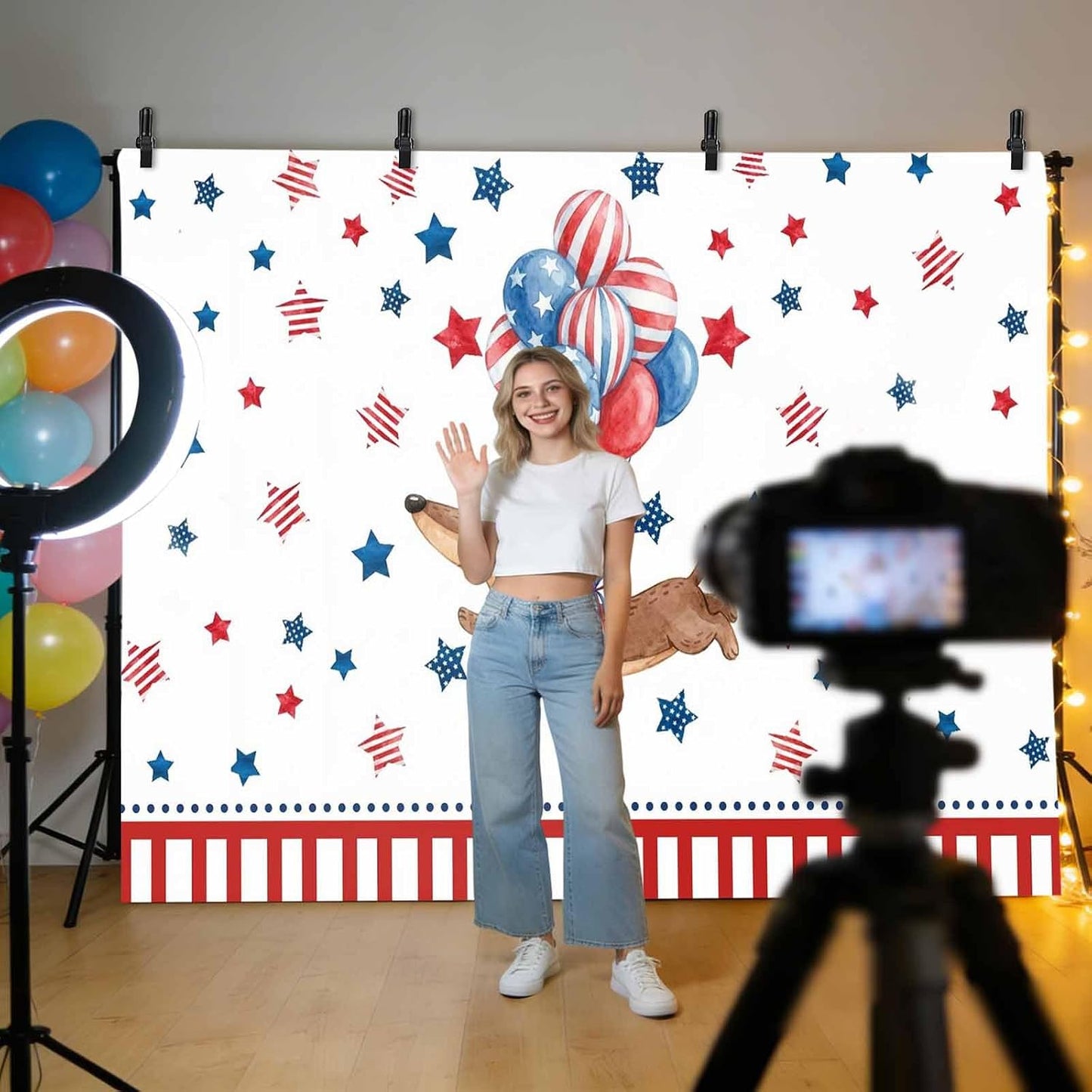 Generic 10 8 Independence Day Photo Backdrop for Photoshoot, x FT Flag Day Sausage Dog Blue Red Star Balloon Photo