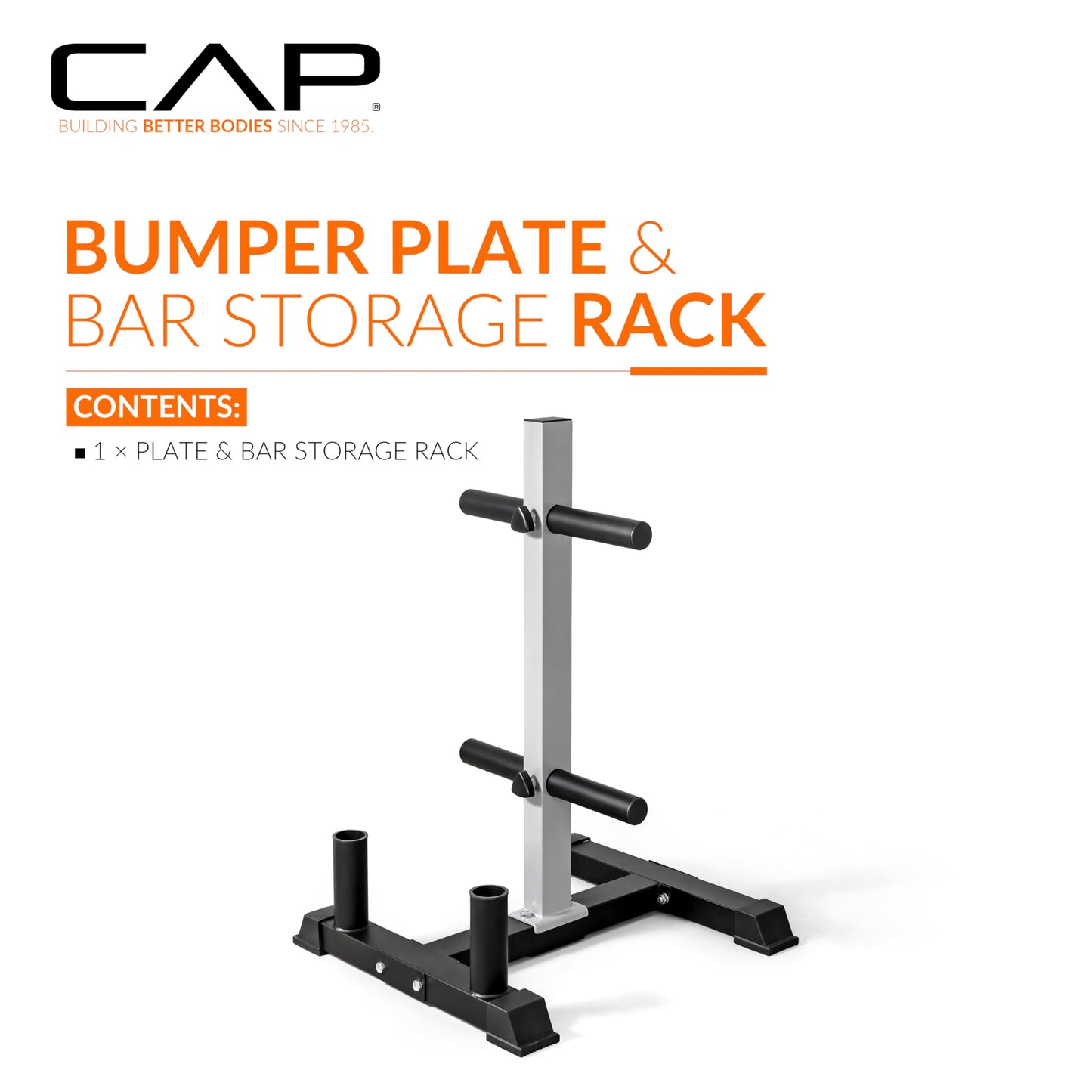 CAP Barbell Olympic Bumper Plate Tree Rack with 4 Weight Plate Posts and 2 Barbell Storage Holders – Heavy-Duty Steel Gym Organizer for Olympic Plates and Bars - Gray