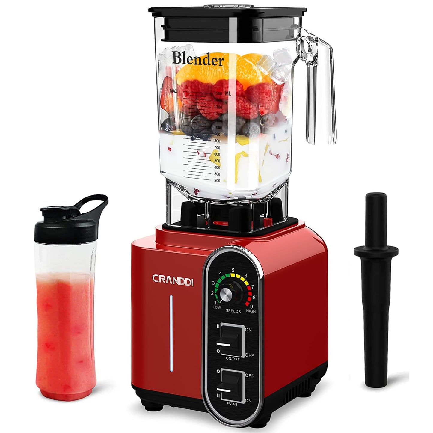 CRANDDI Smoothie Blender 52oz, 1800 Watt commercial blender, professional blenders, Stainless Steel Blade 9 Speed & Self-Cleaning, Build-in Pulse, K98C Red
