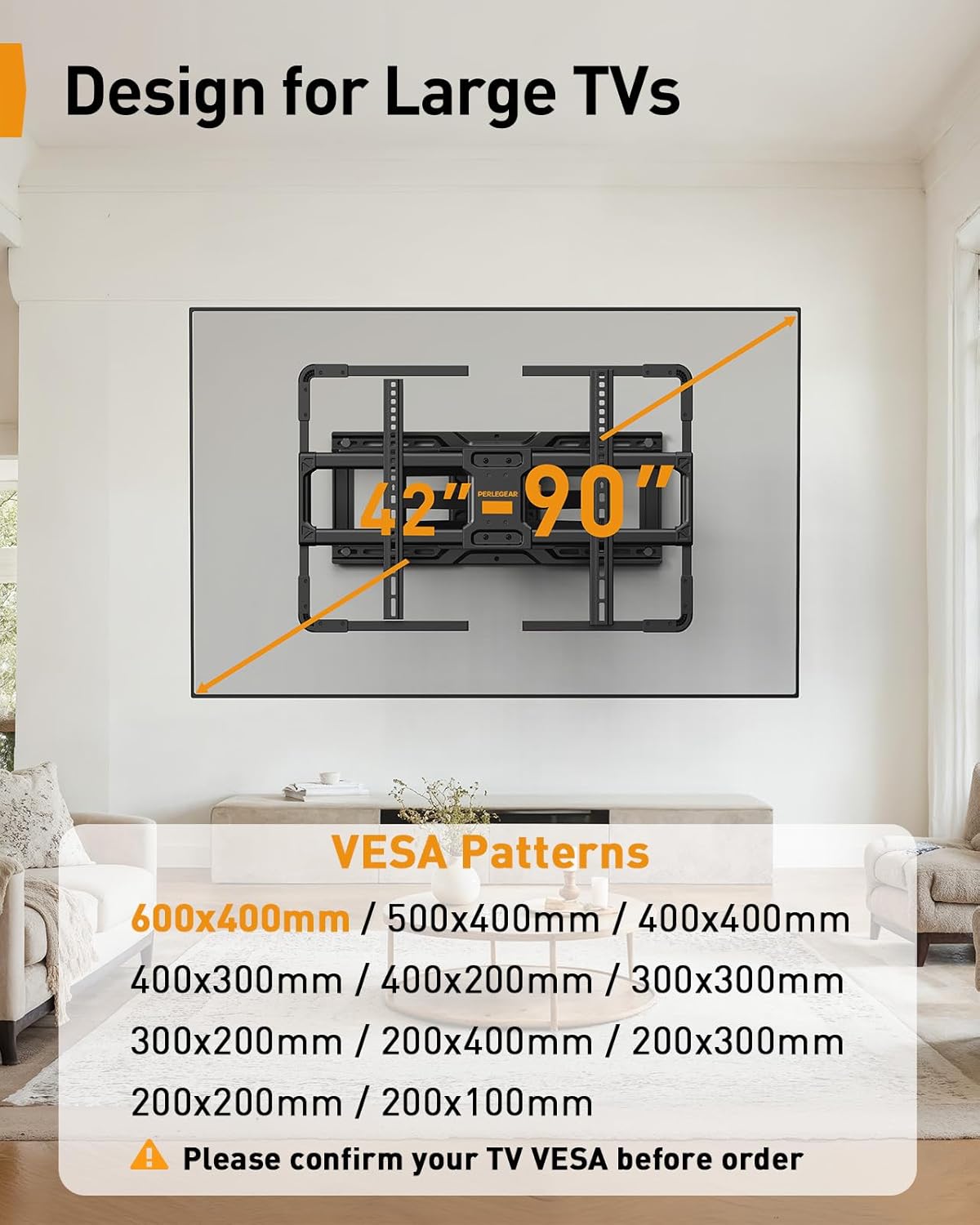 Perlegear AuraFrame™ Full Motion TV Wall Mount - LED Light, Tilt & Swivel for 42"-90" TVs Up to 150 lbs | Max VESA 600x400mm