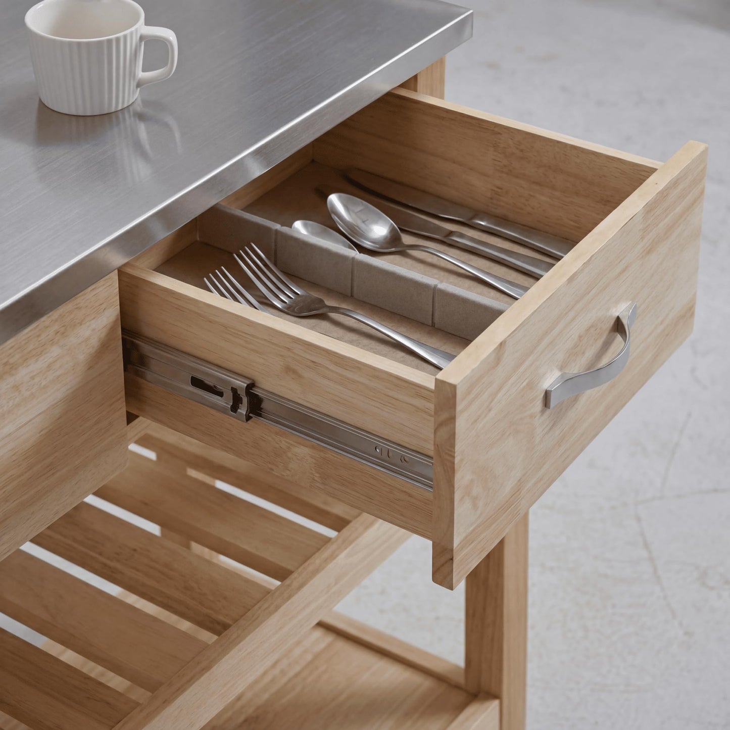 Casaphoria Amanda Collection Solid Wood Kitchen Island, 42" Butcher Block Cart with Stainless Steel Top & Locable Wheels, Prep Table for Small Spaces (Natural)