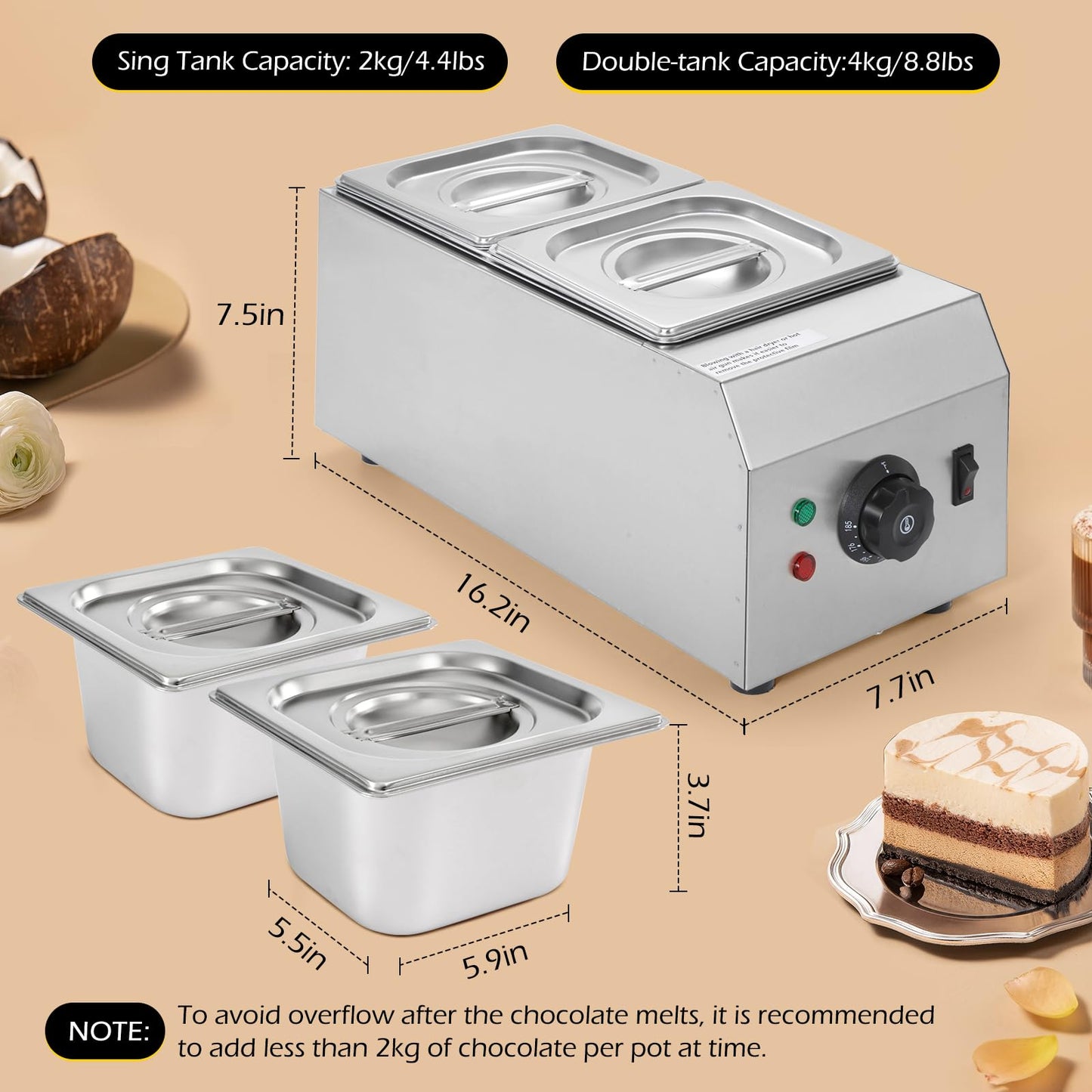 Dyna-Living Chocolate Melting Pot 2-Tanks Commercial Chocolate Tempering Machine Chocolate Tempering Pot 1000W Electric Chocolate Melter Pot Chocolate Warmer for Milk Coffee Cheese