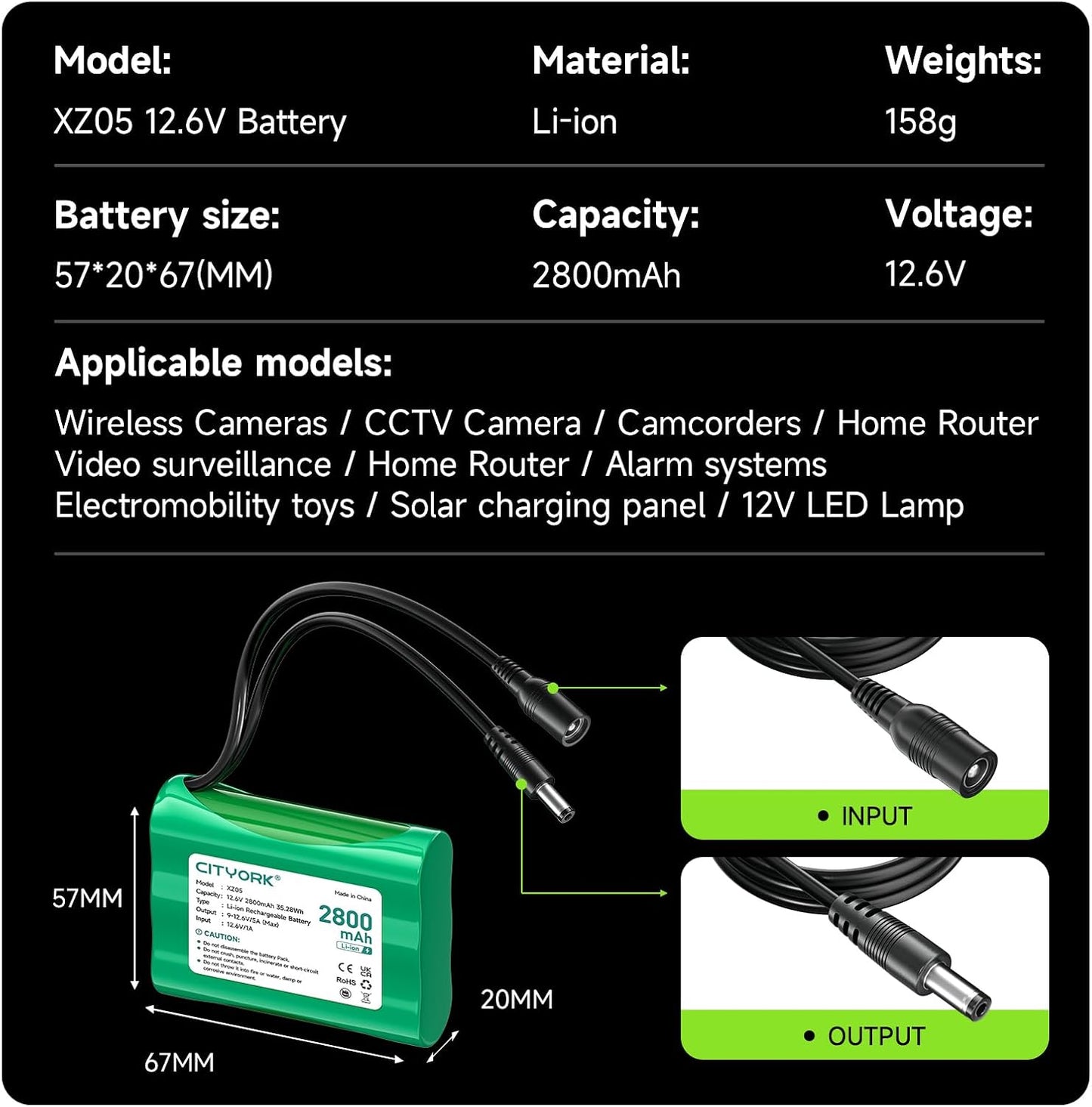 CITYORK 12V 2800mAh Pack 12V Rechargeable Lithium Battery with Charger Compatible with Devices, DIY Project, Bike