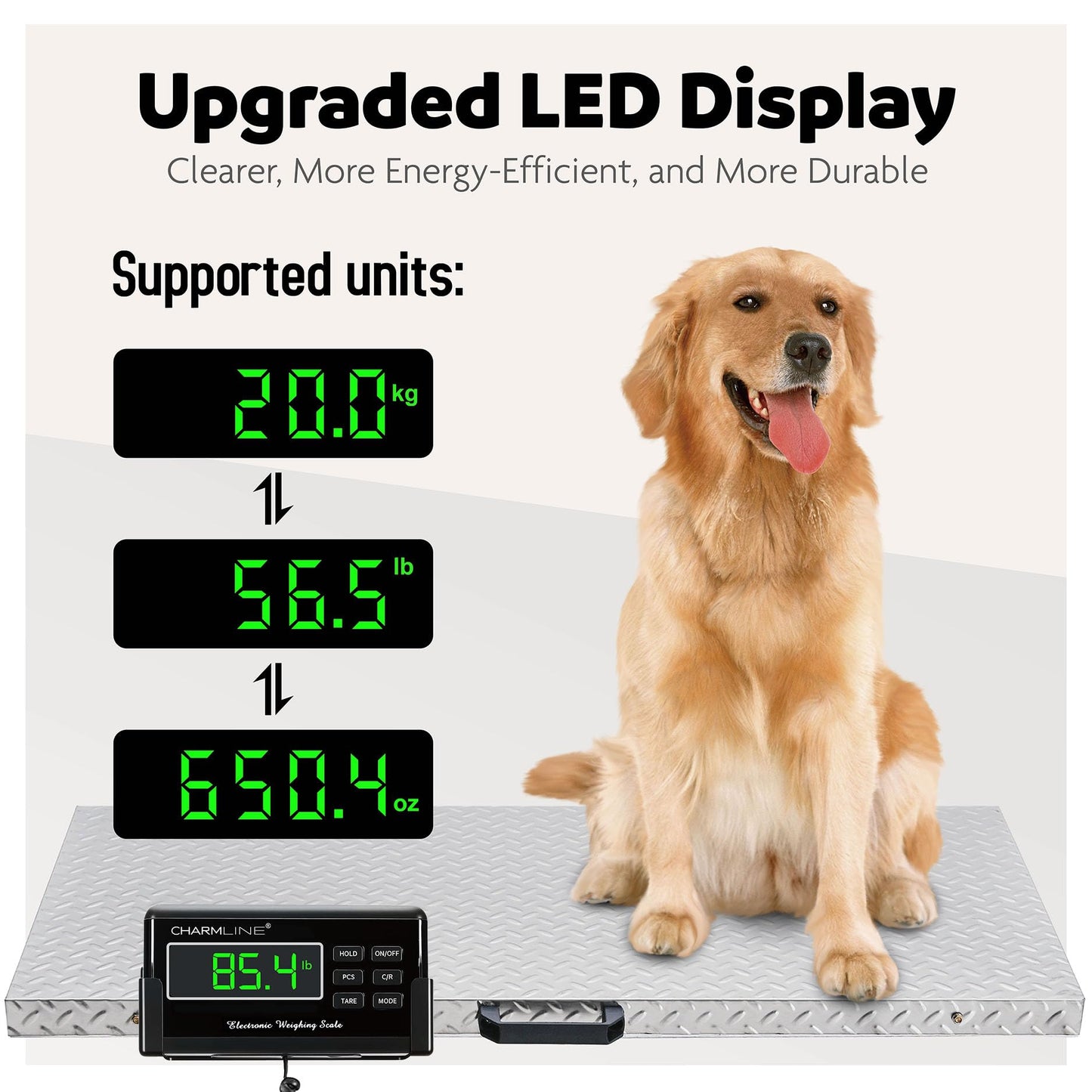 Charmline 1100lbs x 0.2lbs High Accuracy Digital Postal Scale with 41x21 in Large Stainless Steel Platform, Heavy Duty Scale for Dog, Pig, Goat Sheep, Battery & AC Adapter Powered, Slip-Resistant