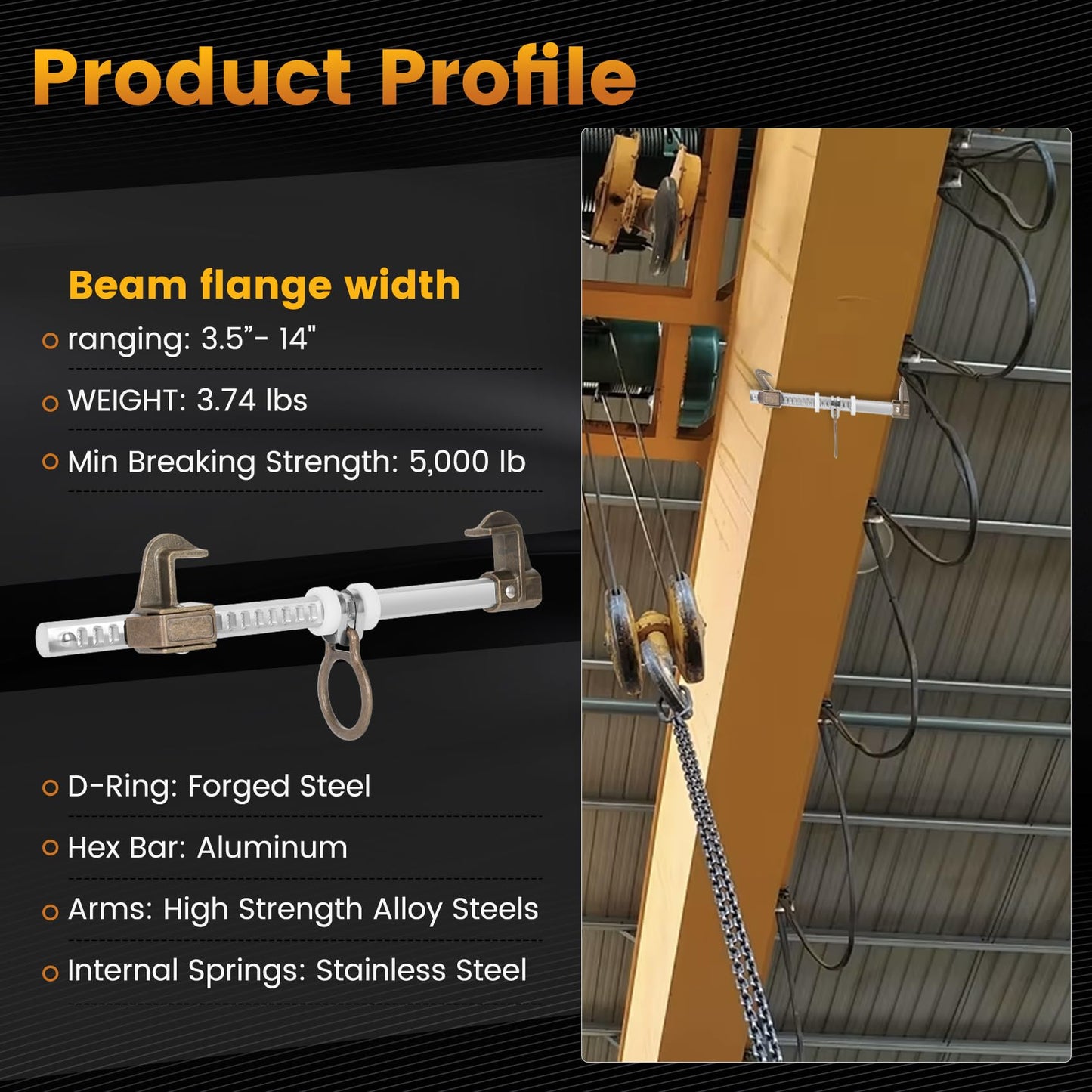 Aluminum Sliding Beam Anchor, Adjustable To Fit I or H Fall Protection Beam Anchor with Flange Widths Ranging From 3.5" to 14”,Meets or Exceeds ANSI & OSHA