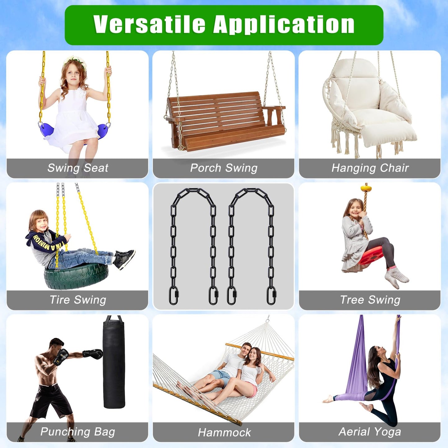 SELEWARE 2 Pack 40 Inch Hanging Swing Chain with 4 Carabiners, 1000LB Capacity Plastic Coated Hanging Chains, Hammock Hardware Kit for Swing, Hanging Chair, Punching Bags, Indoor Outdoor Gym (Black)