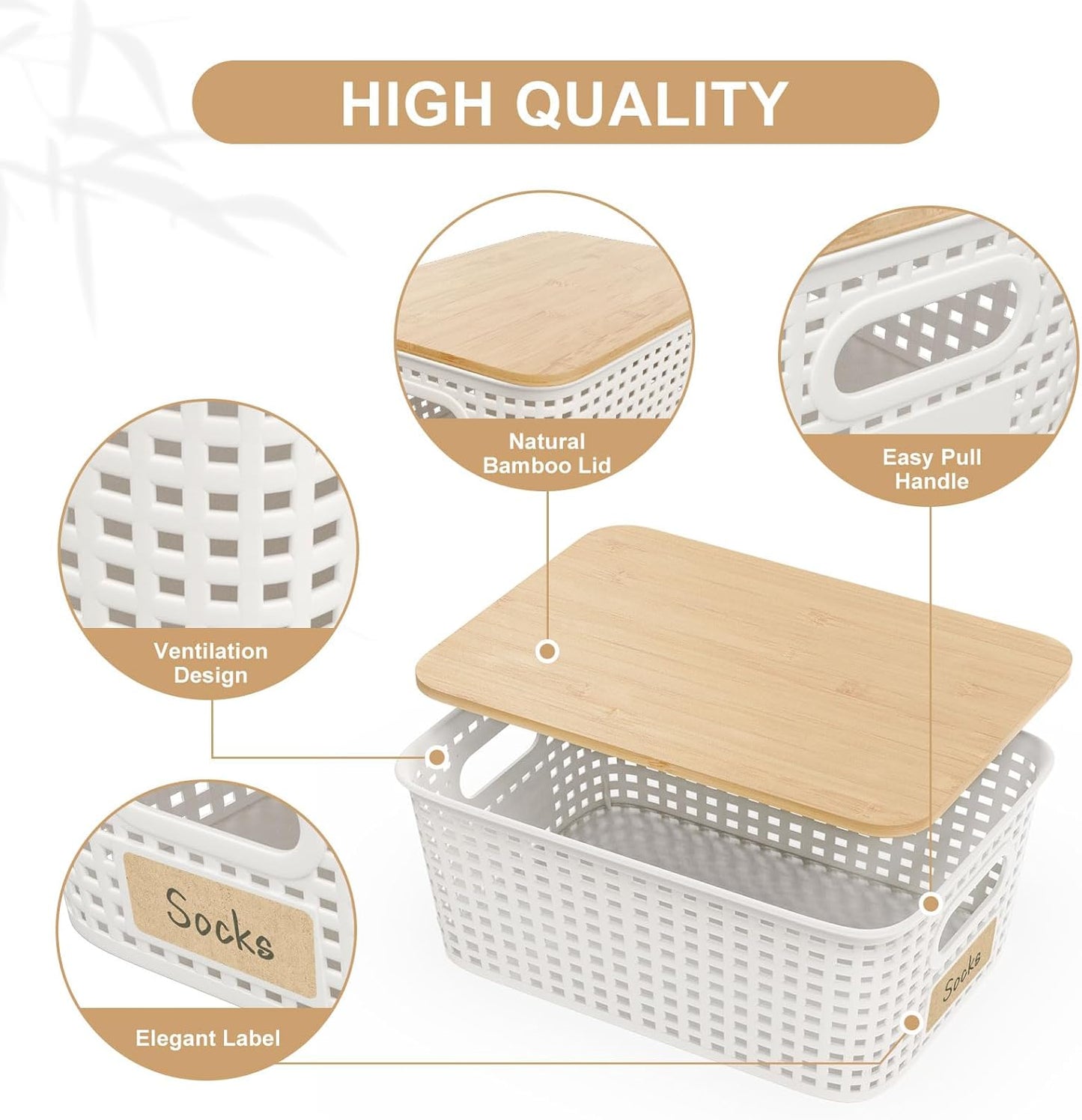 Skiennix Storage Bins - Stackable Plastic Baskets with Bamboo Lids | 6 Pcs Pantry Organizer Set (10"x7.1"x4.1")