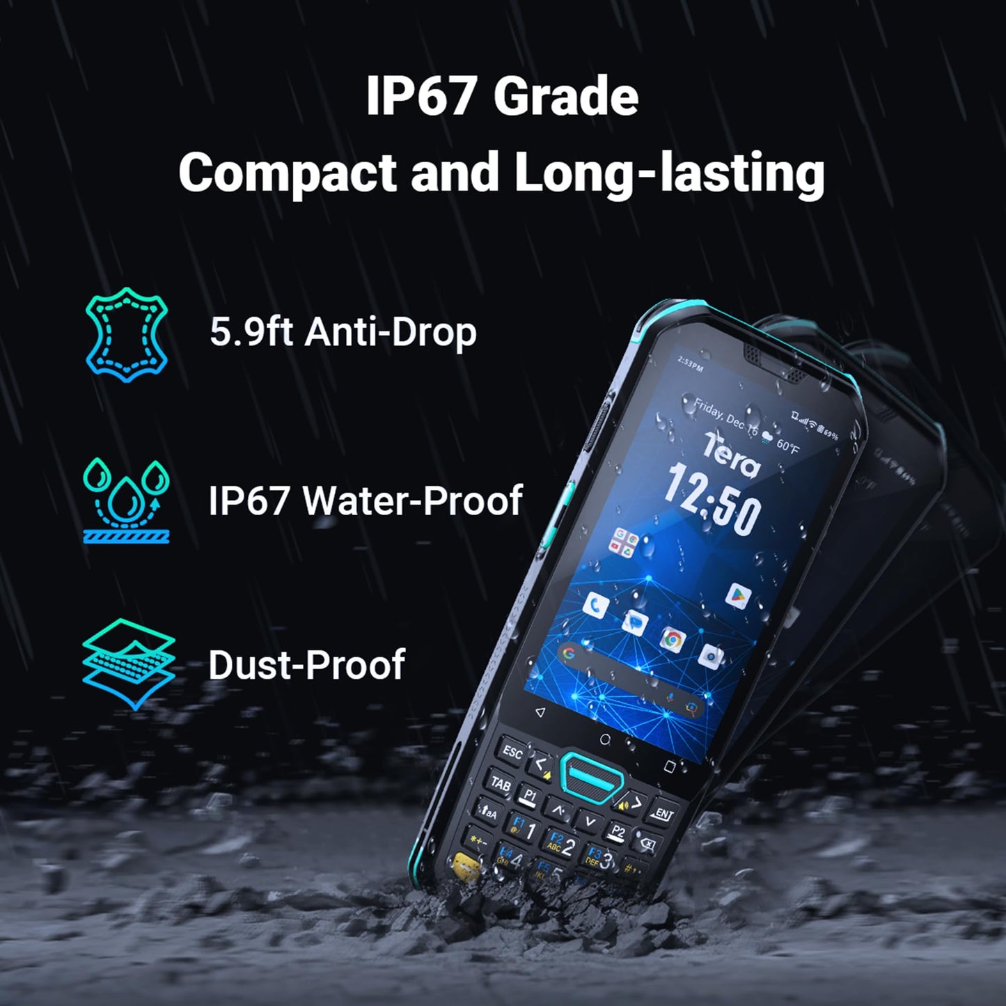 Tera Android 11 Barcode Scanner with 26 Keys HS7 Scan Engine IP67 Rugged 4+64GB 5100 mAh Battery QC 3.0 Fast Charge 4” Touch Screen Mobile Terminal for Warehouse Inventory Scanner P400