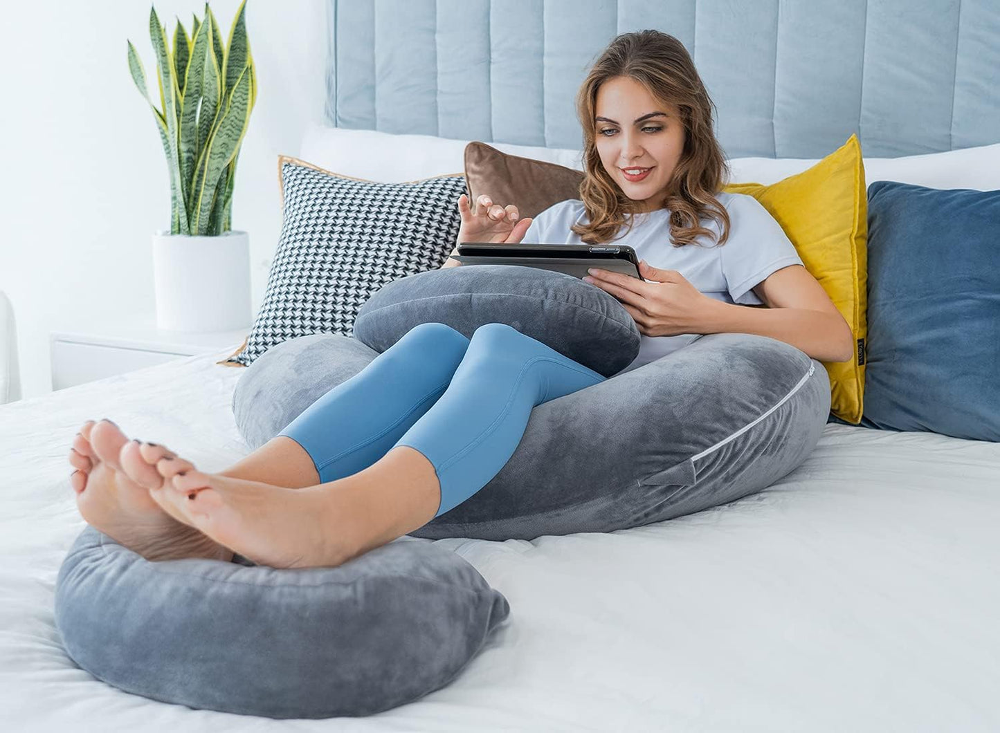 Queen Rose Pregnancy Pillow - E-Shaped Body Pillow for Side Sleepers, Detachable Grey Velvet Cover, 60in