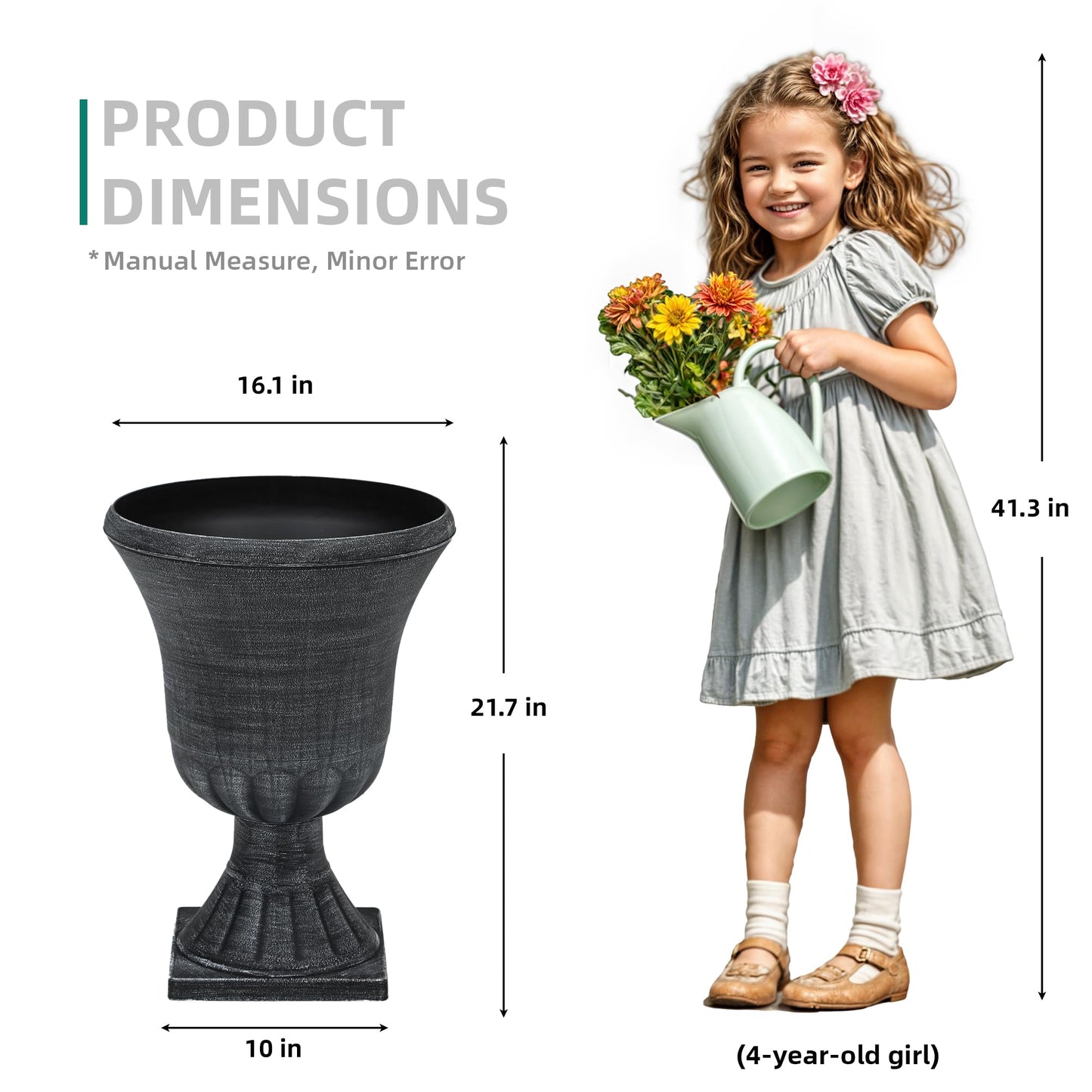 Autodaya 22" Timeless Urn Planters for Outdoor Plants, Set of 2 Plastic Large Flower Pot with Handmade Washed Black Finish, Weather-Resistant for Porch, Garden, Patio or Indoor Use