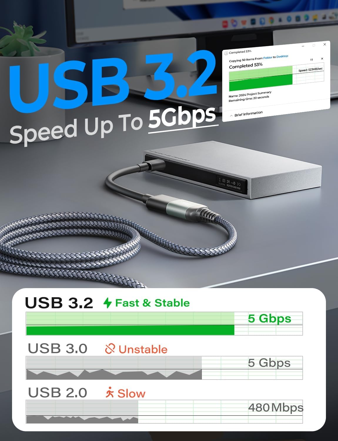 3.0 Drive,Printer,24.6FT,Grey AINOPE USB Extension Cable,USB Extender,USB Extension Cable, Male to Female Cord High