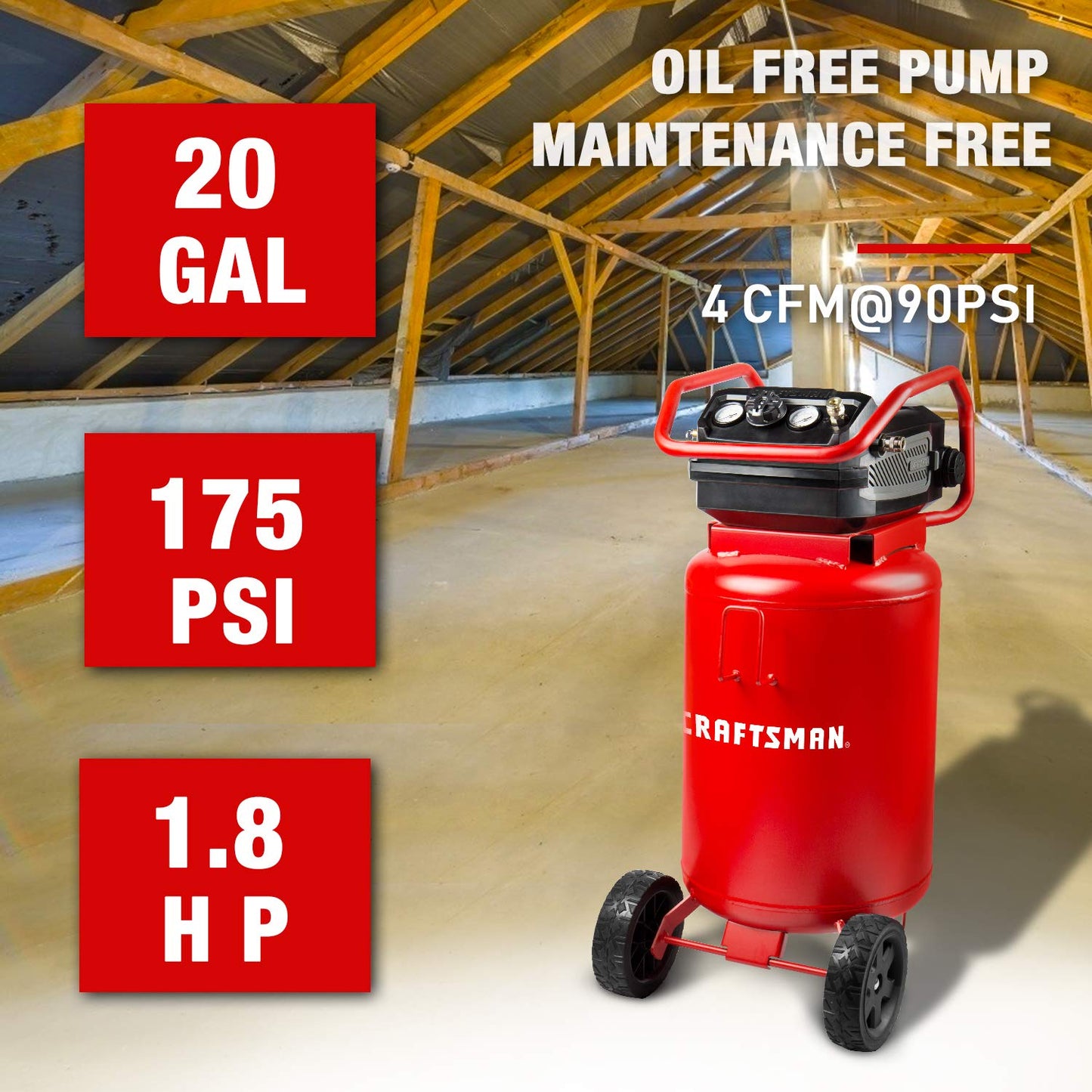 Craftsman Air Compressor, 20 Gallon Oil-Free 1.8 HP Max 175 PSI Pressure Two Quick Couplers Big Capacity, Red- CMXECXA0232043