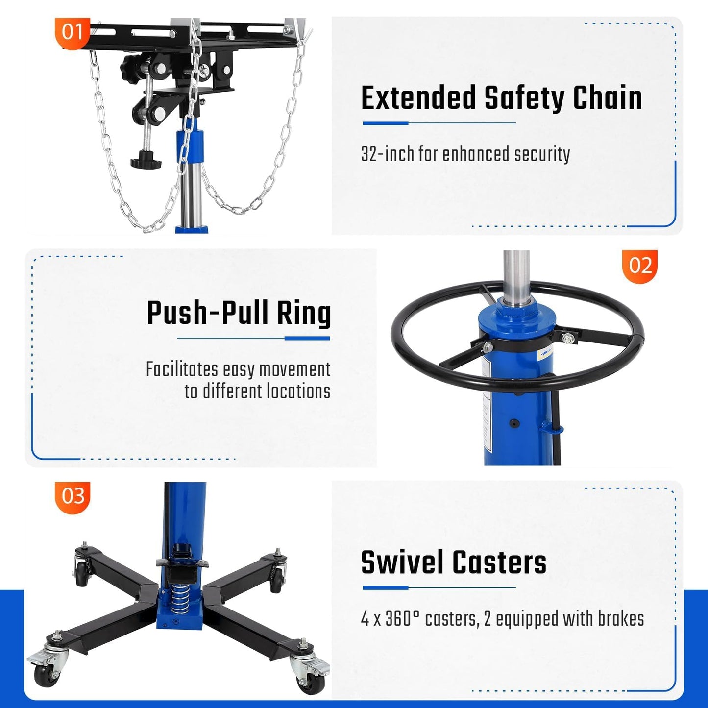 Transmission Jack, 1100 LBS Heavy Duty Hydraulic Telescoping Transmission Jack, 34"-68" High Lift with Foot Pedal, 360° Swivel Wheels, Blue