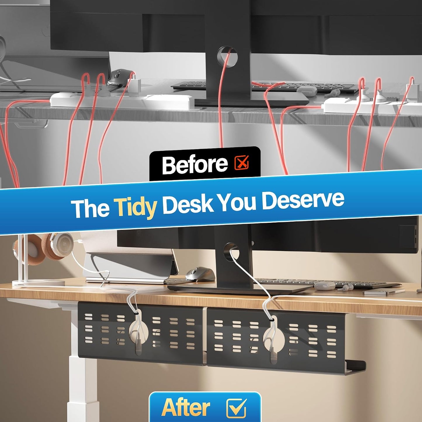 Cinati 2 Pack 32" Cable Management Under Desk Black, Large Cable Management Tray, Under Desk Alloy Steel Wire