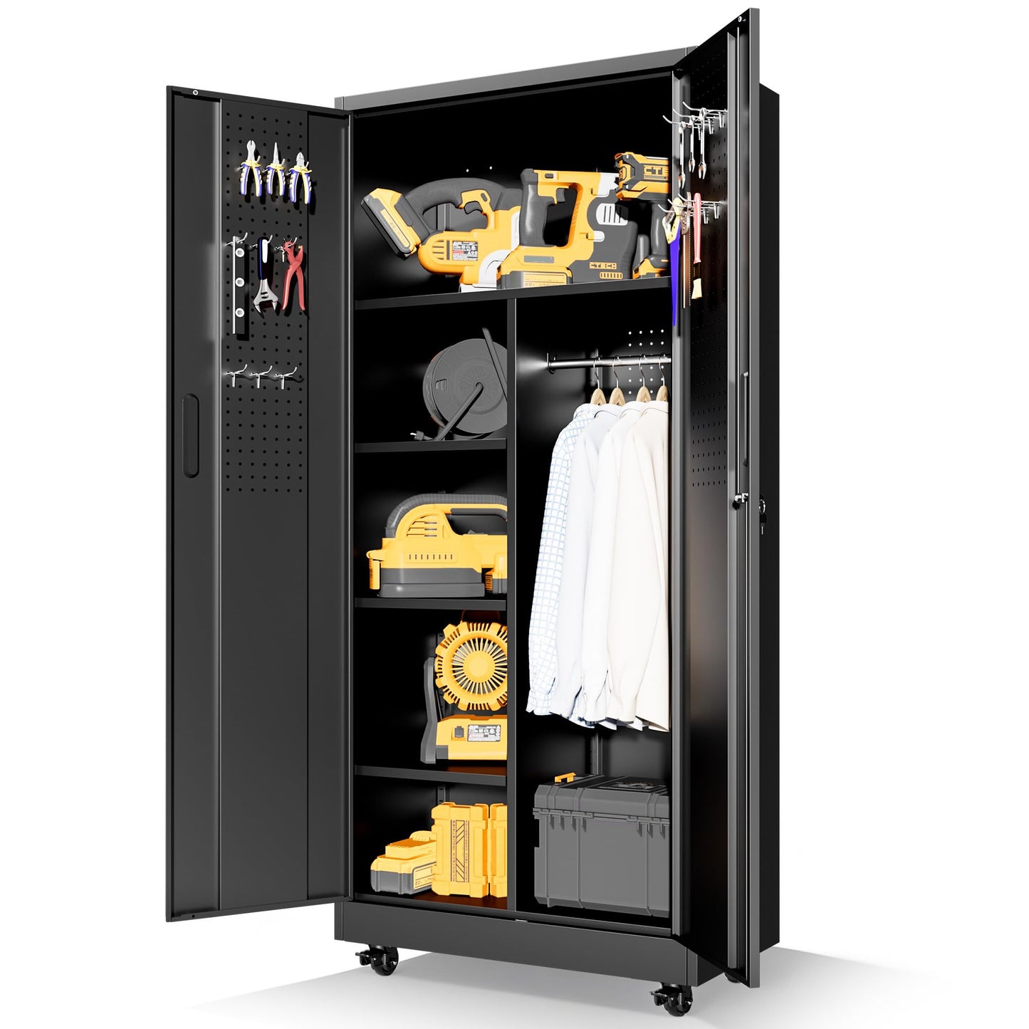 BIZOEIRON Metal Garage Storage Cabinet with Pegboard and Hanging Rod, 71'' Tall Metal Broom Closet Storage Cabinets, Rolling Tool Cabinet on Wheels for Garage, Utility Room (Black)