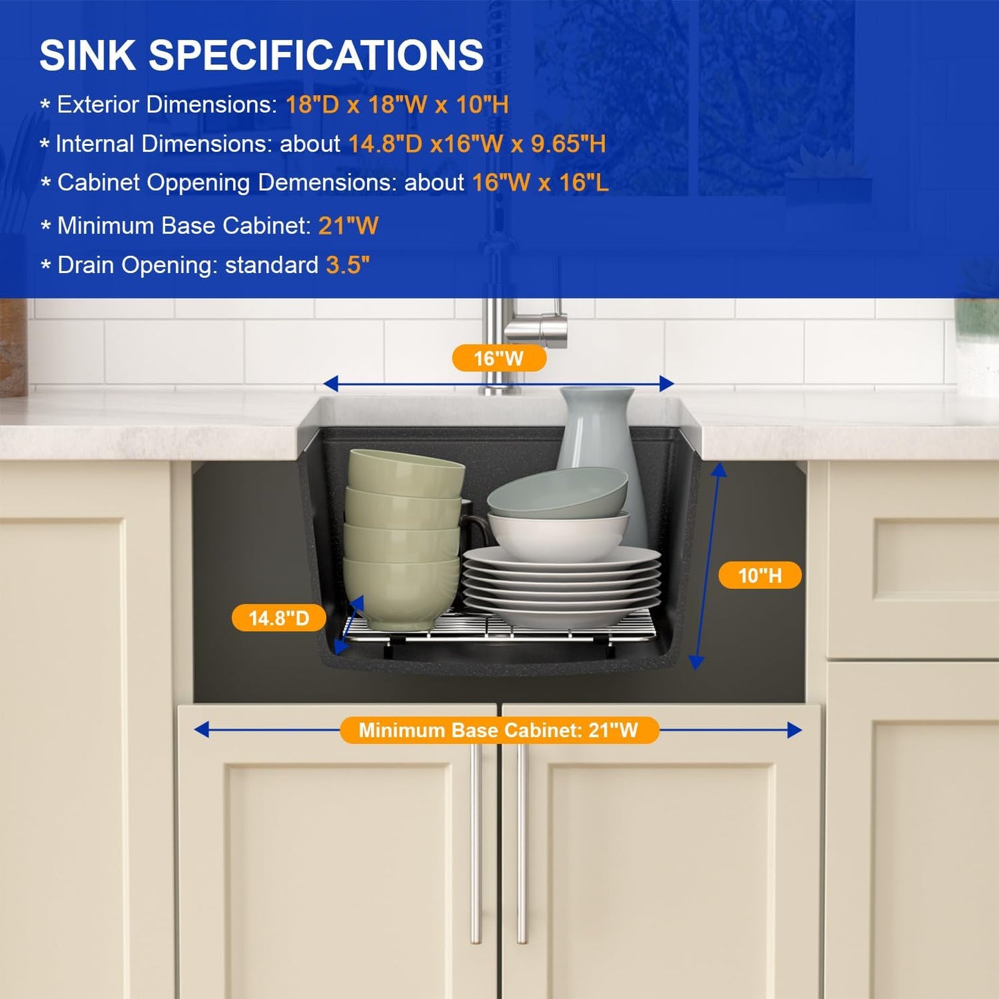 Dcolora 18"x18" Matte Black Bar Sink, Quartz Composite Single Bowl Prep Sink for Small Kitchen, Wet Bar and Kitchen Island, Dual Mount Drop In Undermount Sink with Full Size Wood Cutting Board