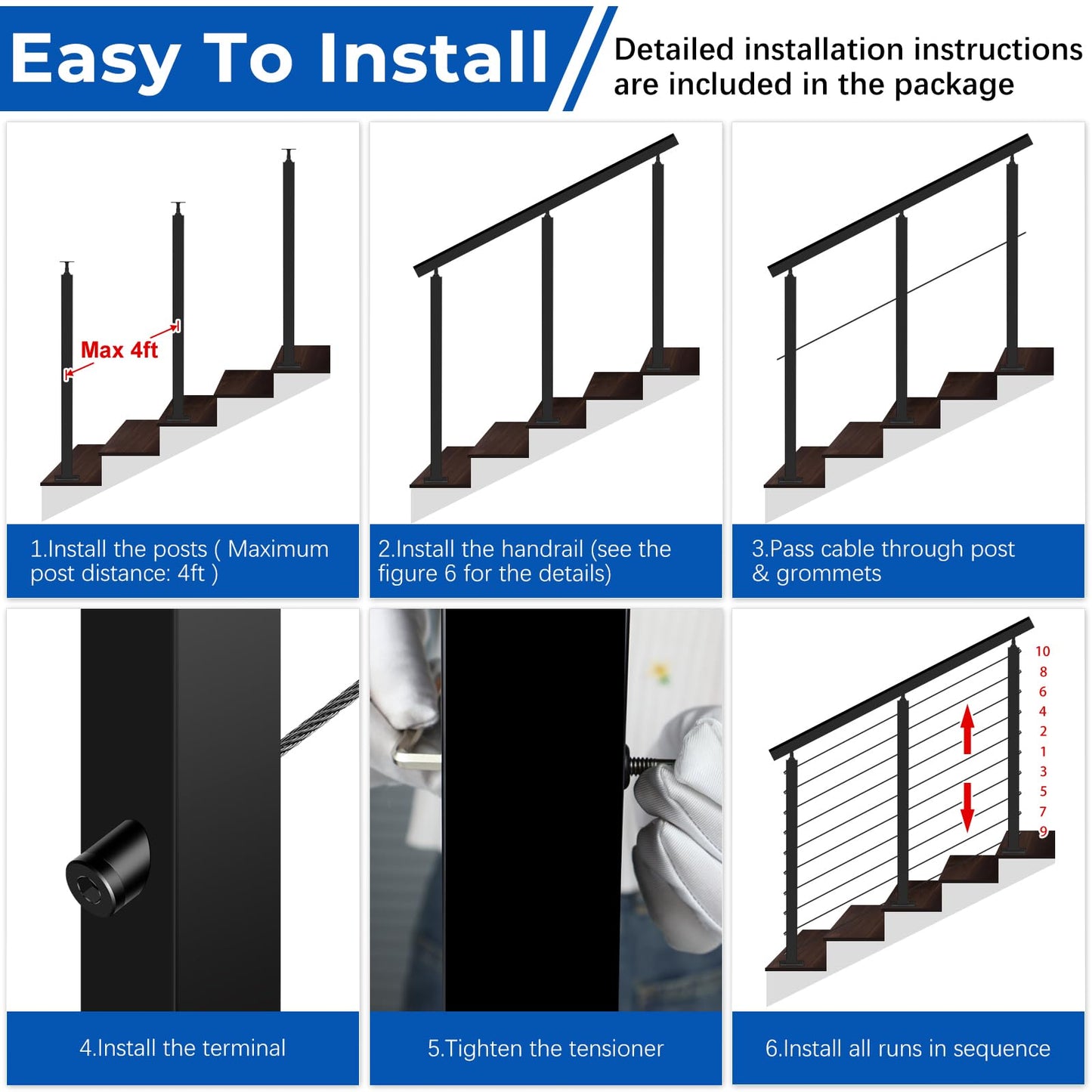 Zylorix 4ft-8ft Complete Set 36" Cable Railing System 33° Drilled with Cuttable Handrail, Modular Black T304 Stainless Steel Angled Stair Cable Railing Posts Kit for 28-38° Wood Concrete Stair