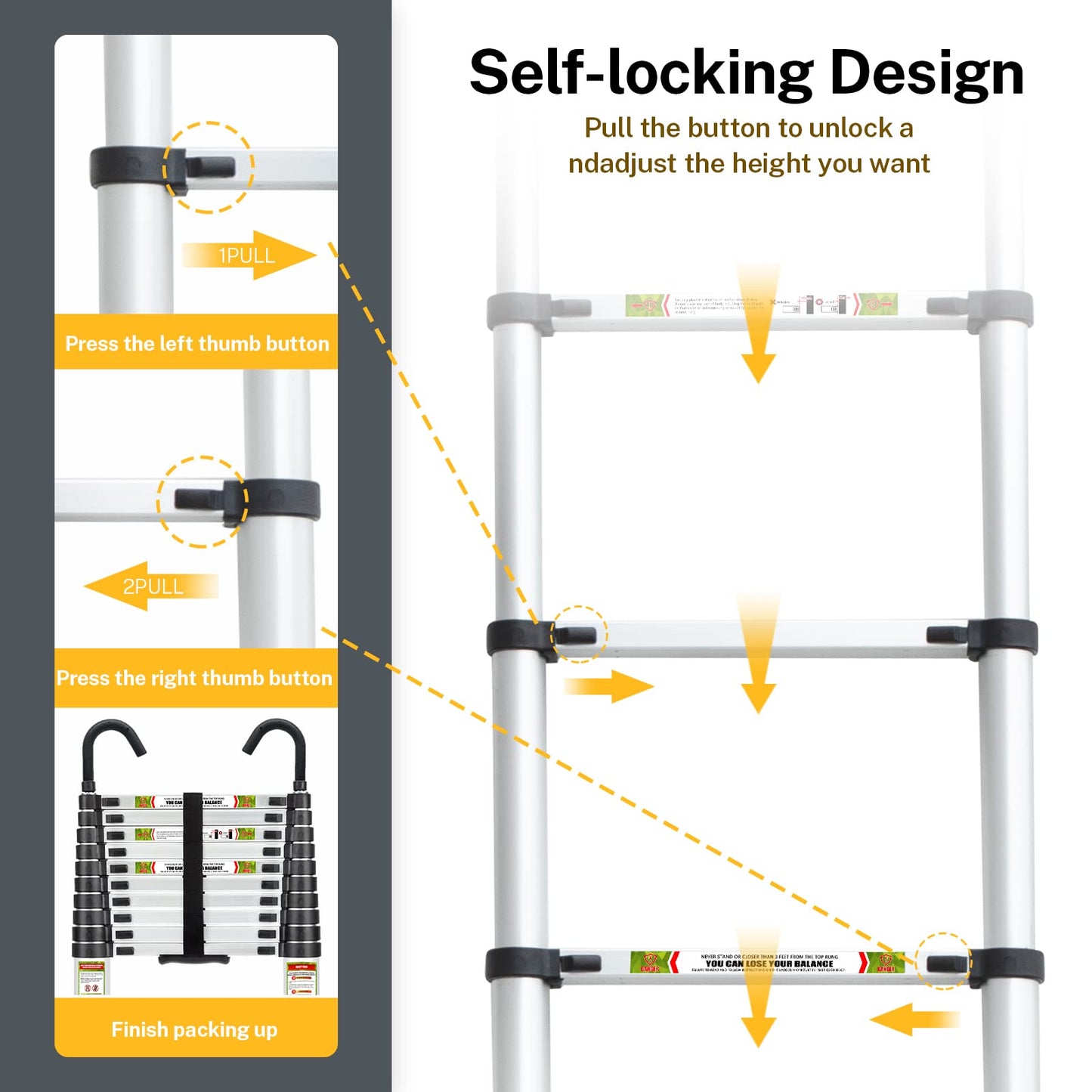 RIKADE Telescopic Ladder, 10.5 ft Aluminum Telescoping Ladder with Non-Slip Feet and Stable Hook, Portable Extension Ladder for Household and Outdoor Working, Max Load 330 lb, Aluminum