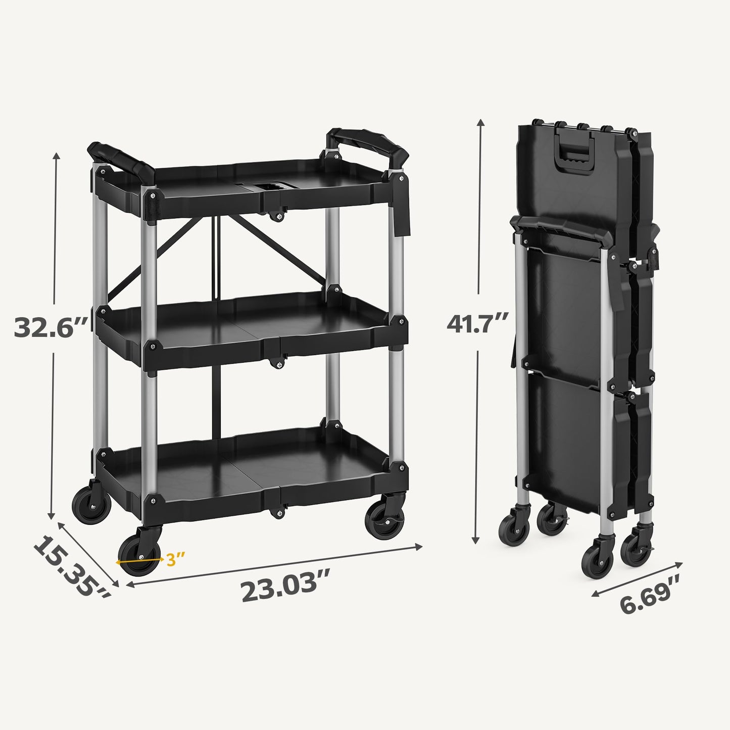DWVO 3-Tier Folding Utility Cart, Foldable Service Cart Heavy Duty Collapsible Rolling Cart with 360° Swivel Wheels and Brake, 240LBS Load Capacity Portable Utility Cart for Kitchen, Warehouse, Garage