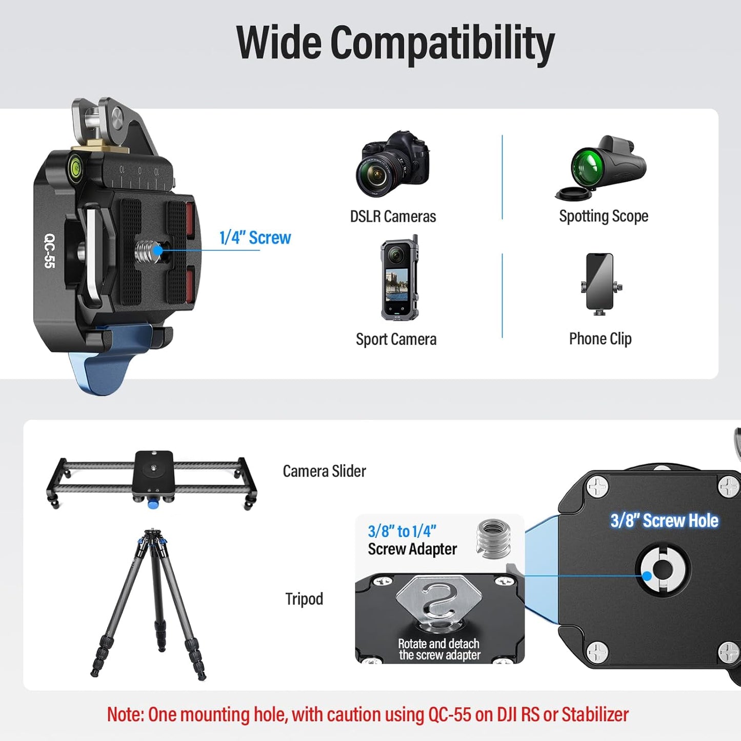 Sirui 55mm 1/4" 3/8" QC-55 Quick Release Plate and Clamp Base Kit, Camera Mount Adapter with and Thread, Quick-Release