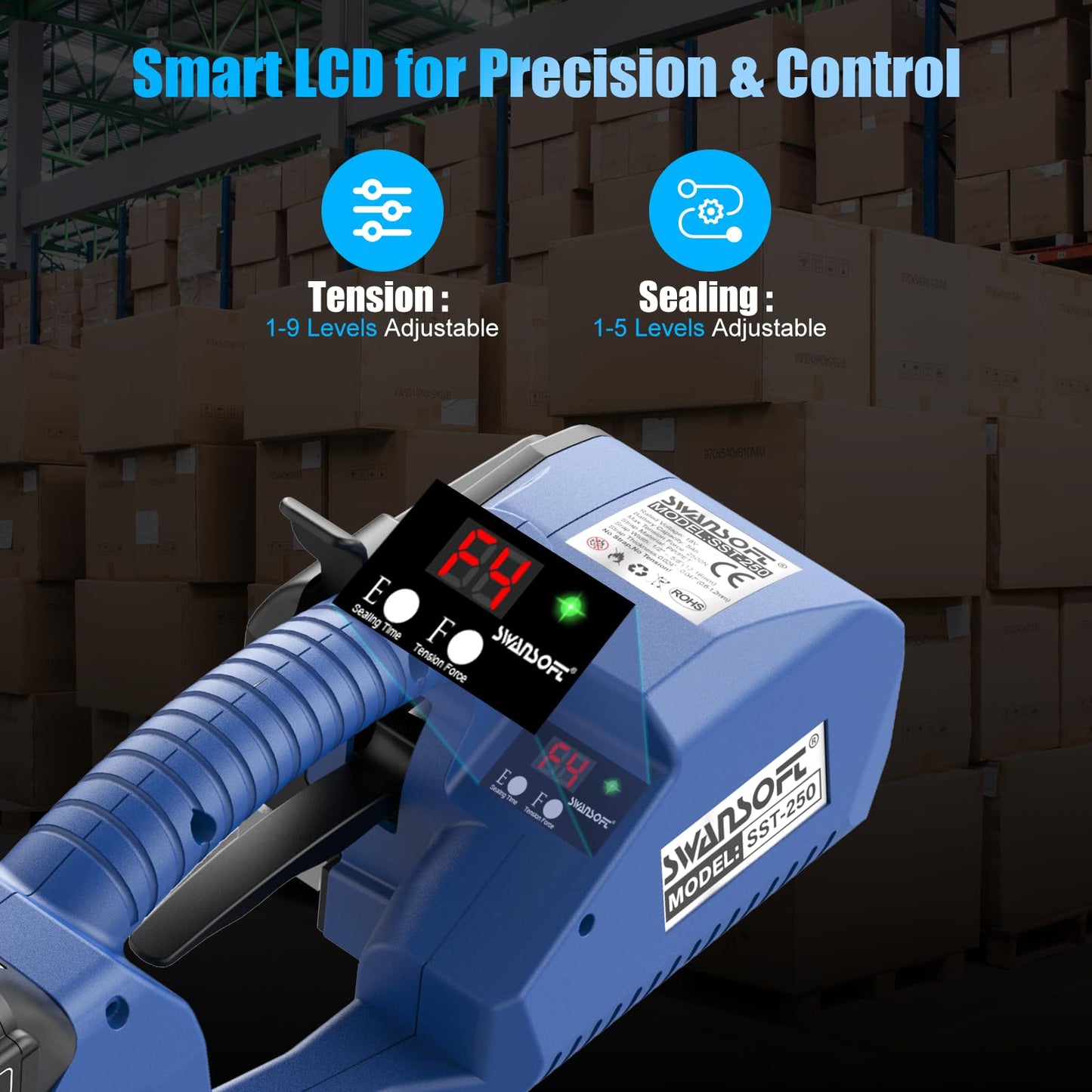 SWANSOFT Electric Strapping Machine,2500N Adjustable Tension,1/2-5/8 inch PP PET Strapping Tool,Semi Automatic Banding Tool with 2 x 5000mAh Batteries for Warehouse & Logistics Packaging Pallet Carton