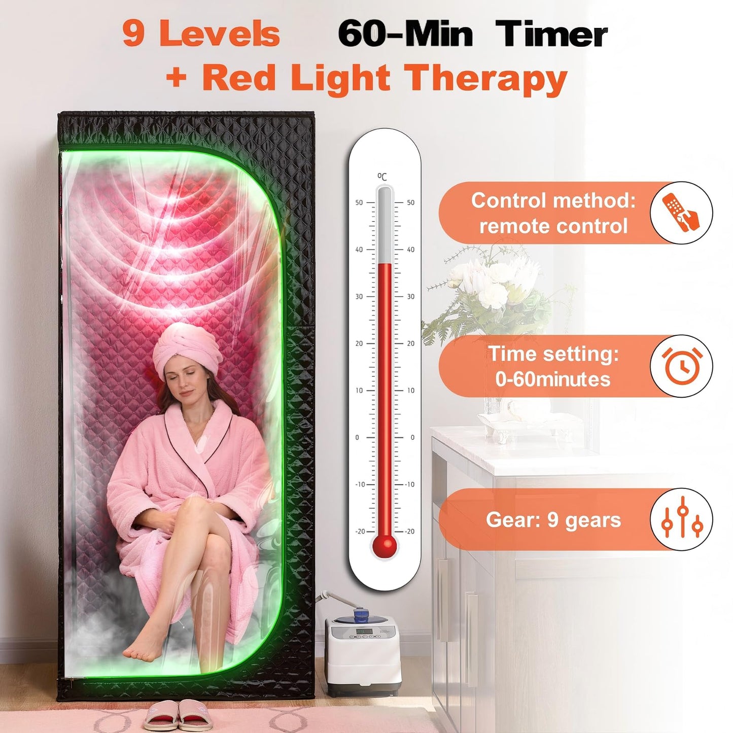 UNANEST Portable Steam Sauna Tent for Home, Infrared Sauna, Tent with Clear View Door and Red Light, Black, Full Size Square Sauna for Home, 3L Steamer, 9 Heat Levels