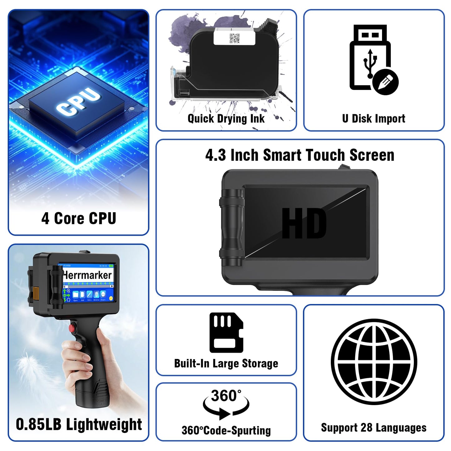 TIJ314 Handheld Inkjet Printer Gun, Handheld Printer with 42ml Quick-Drying Ink Cartridge, 4.3" Touch Screen Date Printing Machine for Barcode,Text,QR Code,Batch Number on Carton Plastic Tube Metal