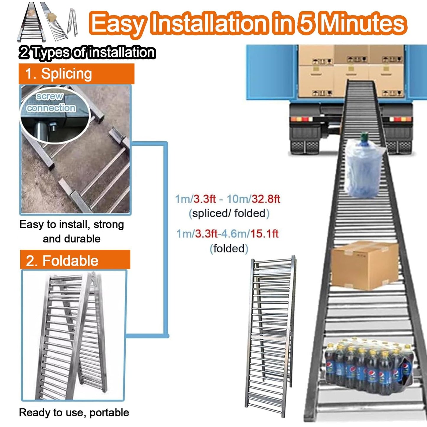 Adjustable Heavy Duty Collapsible Gravity Conveyor Roller for Warehouse Unloading, 3.3-33ft Length, 16in Width, 9.8ft Stand, Ideal for Material Handling Solutions
