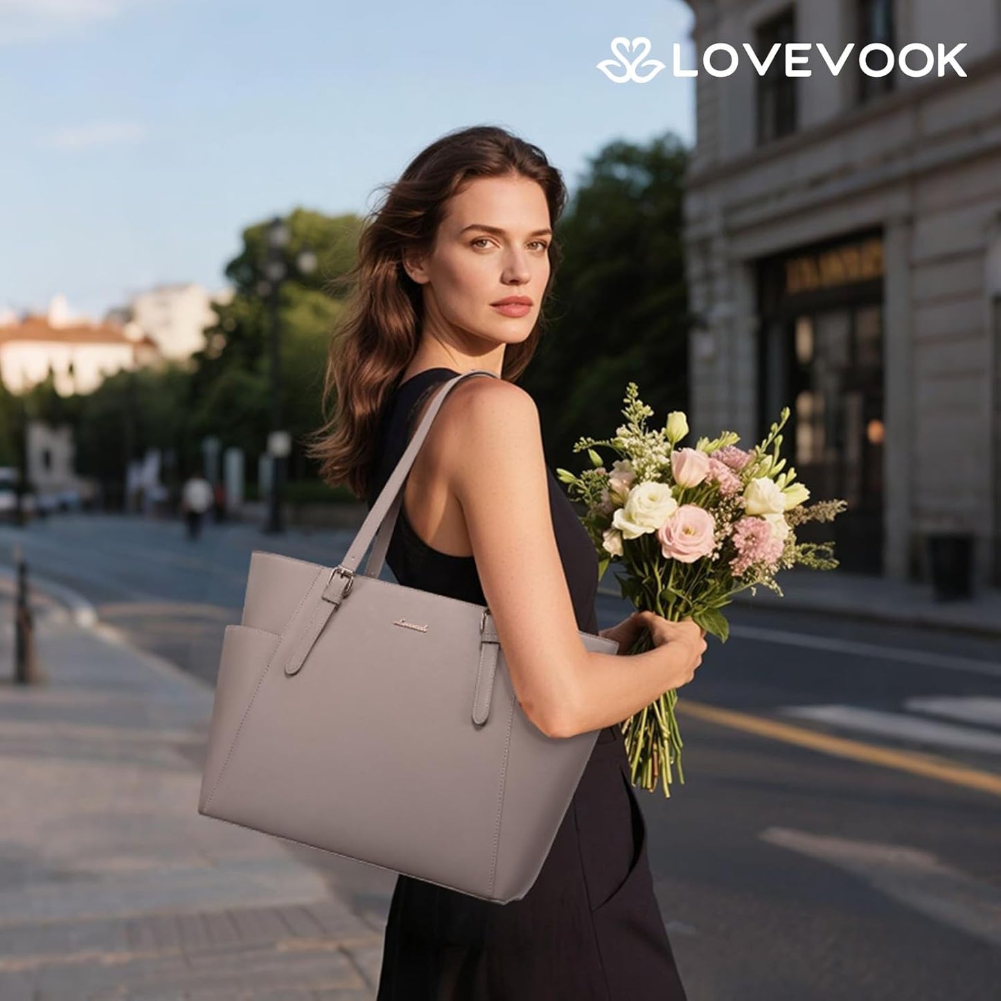 LOVEVOOK Women,15.6 Inch Commuter Laptop Tote Bag for Women With Large Cup Holder, Leather Work Tote Bag
