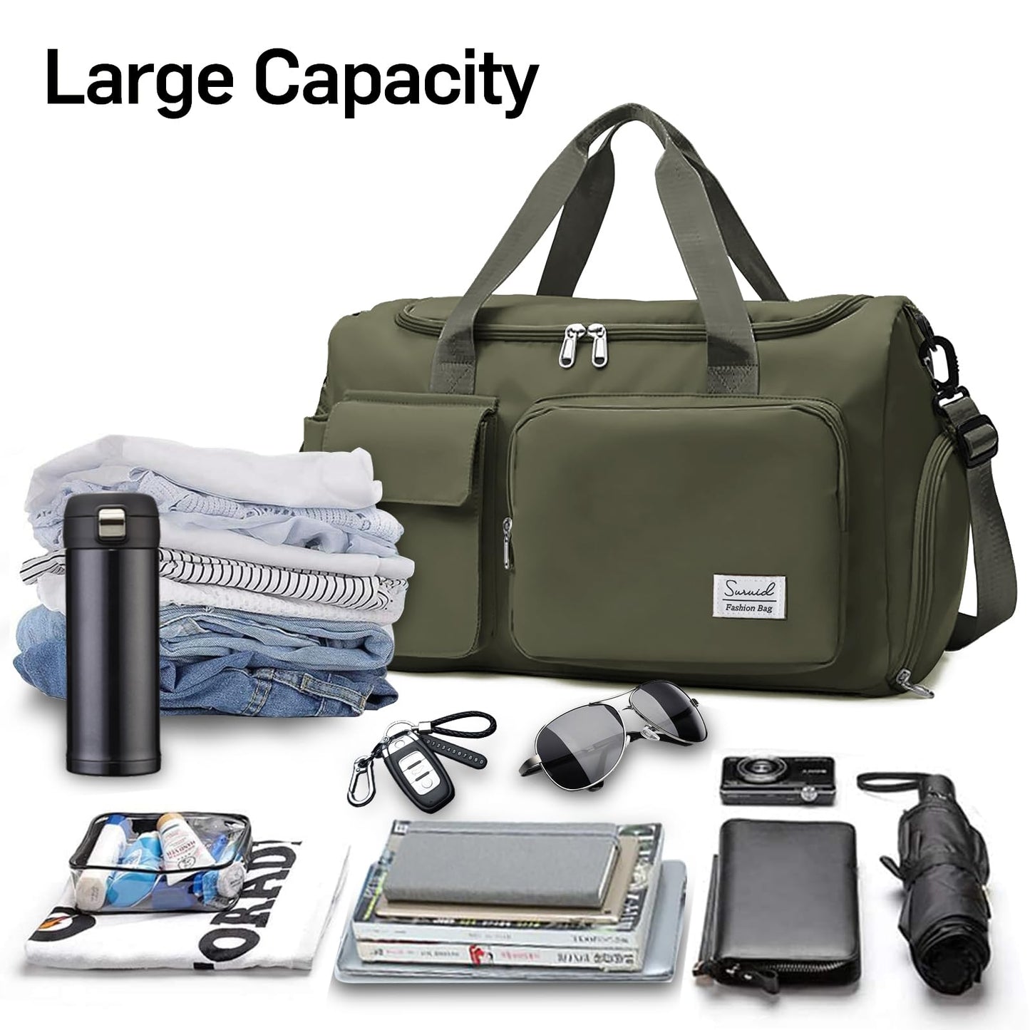 Suruid Travel Duffel Bag with Shoes Compartment Sports Gym Bag with Dry Wet Separated Pocket for Men and Women, Overnight Bag Weekender Bag Training Handbag Yoga Bag - Olive Green