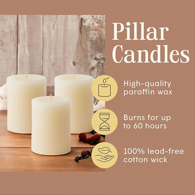 Mister Candle Dripless Vanilla Scented Ivory Pillar Candles Set of 3, Hand Made Vanilla Pillar Candles with Essential Oils for Home Decor, Premium Wax, 60 Hr Burn Time (3x4 inch)