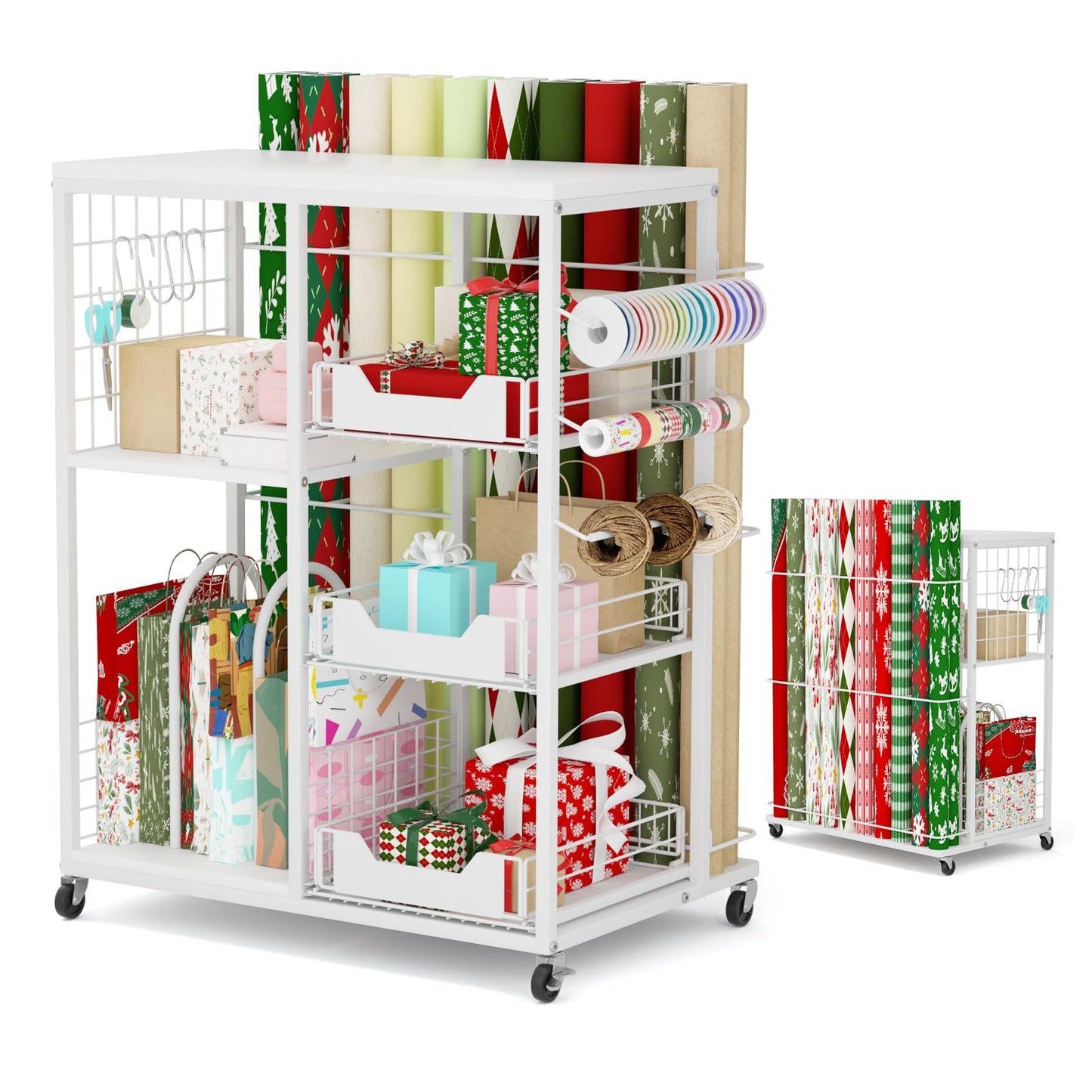 LUCKUP Rolling Wrapping Paper Organizer Cart – Gift Wrap Storage with Wheels, 20 Roll Holders, 3 Drawers & Ribbon Dispenser, Craft Organizer for Christmas, Birthdays, White