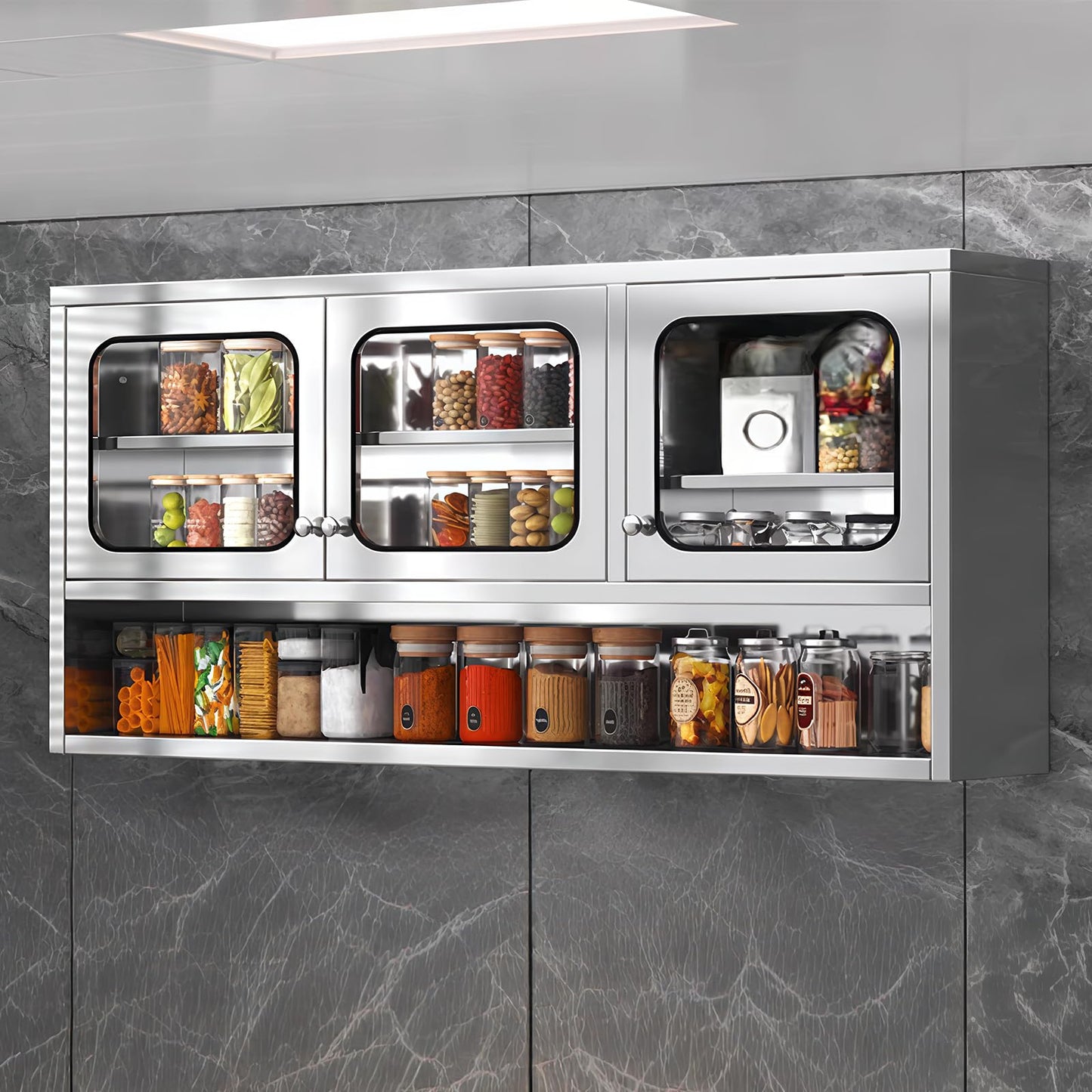 ZZV Kitchen Wall Cabinet, Stainless Steel Wall Mounted Cabinet with Adjustable Shelves, Industrial Wall Storage Cabinet for Garage, Warehouse, Commercial Kitchen, 8.66D x 45W x 27.56H in